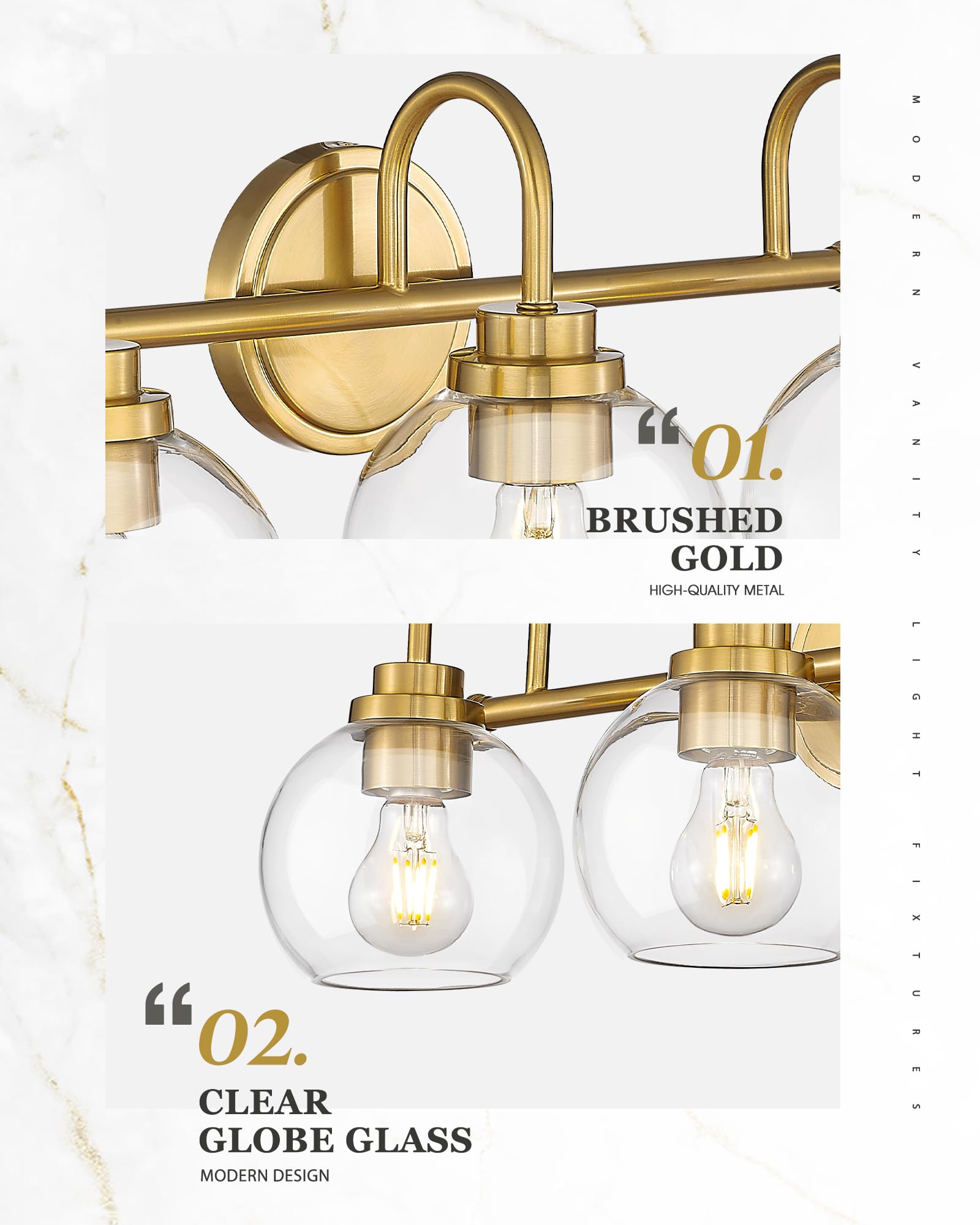 Audickic 3-Light Bathroom Light Fixtures, Brushed Gold Vanity Lighting with Clear Glass, Model AD-22280-3W-GD