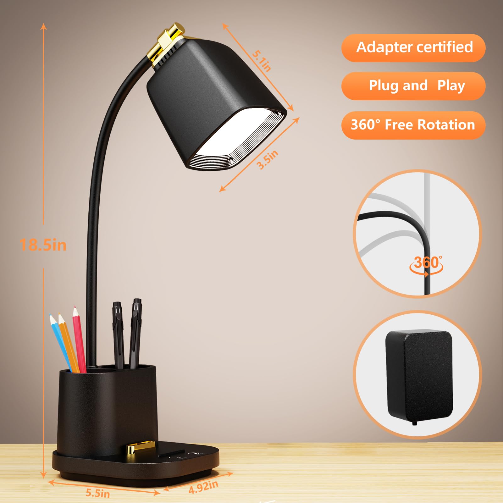 Gondsily Led Desk Lamp With Usb Charging Port Touch Control 3 Color Modes, Stepless Dimming, Home Office Desk Lamp, Led Small De