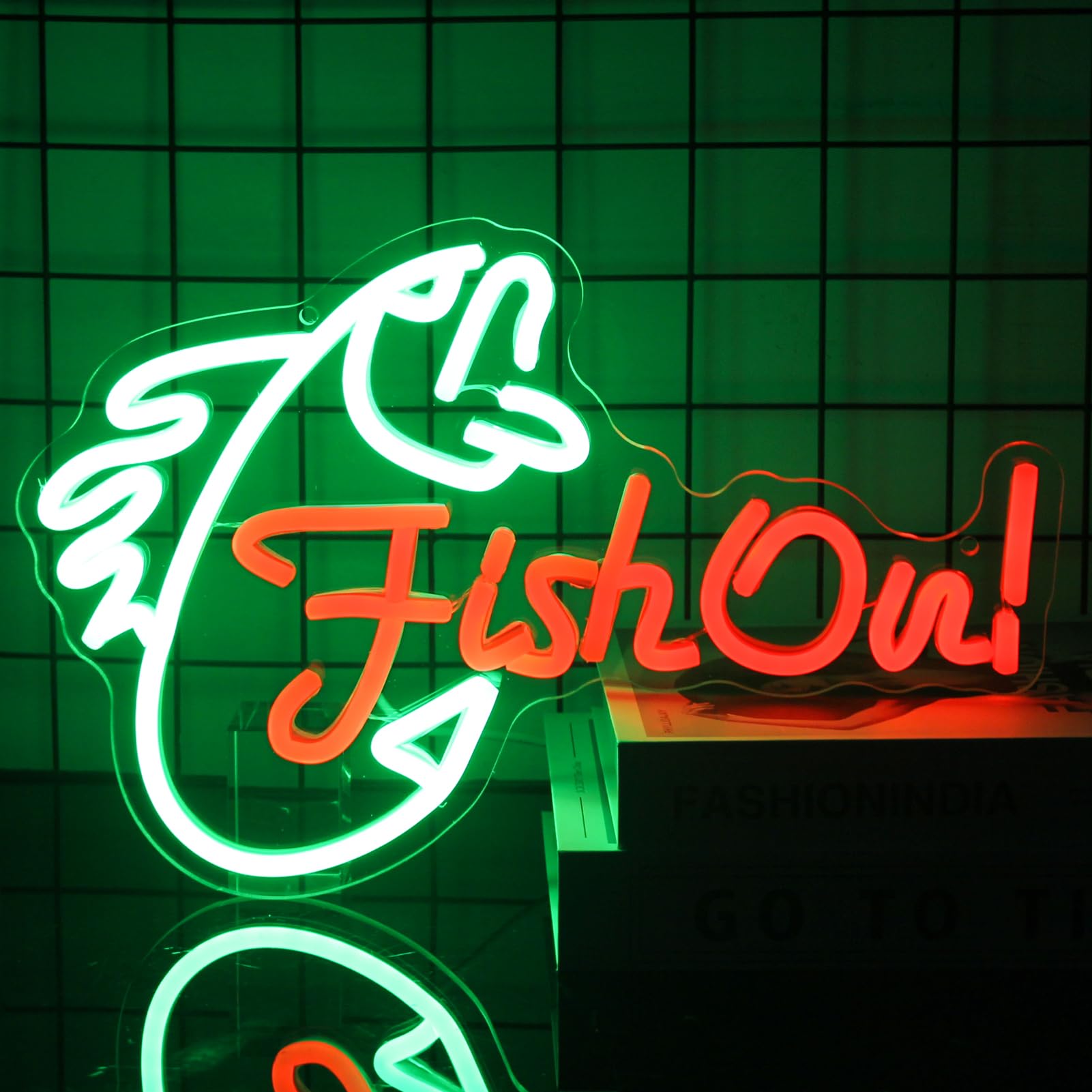 Kullneon LED Neon Sign Fish On, Dimmable Wall Decor, Green Red, Model YL-Fish On, Acrylic Light for Bedroom, Living Room, Man Cave