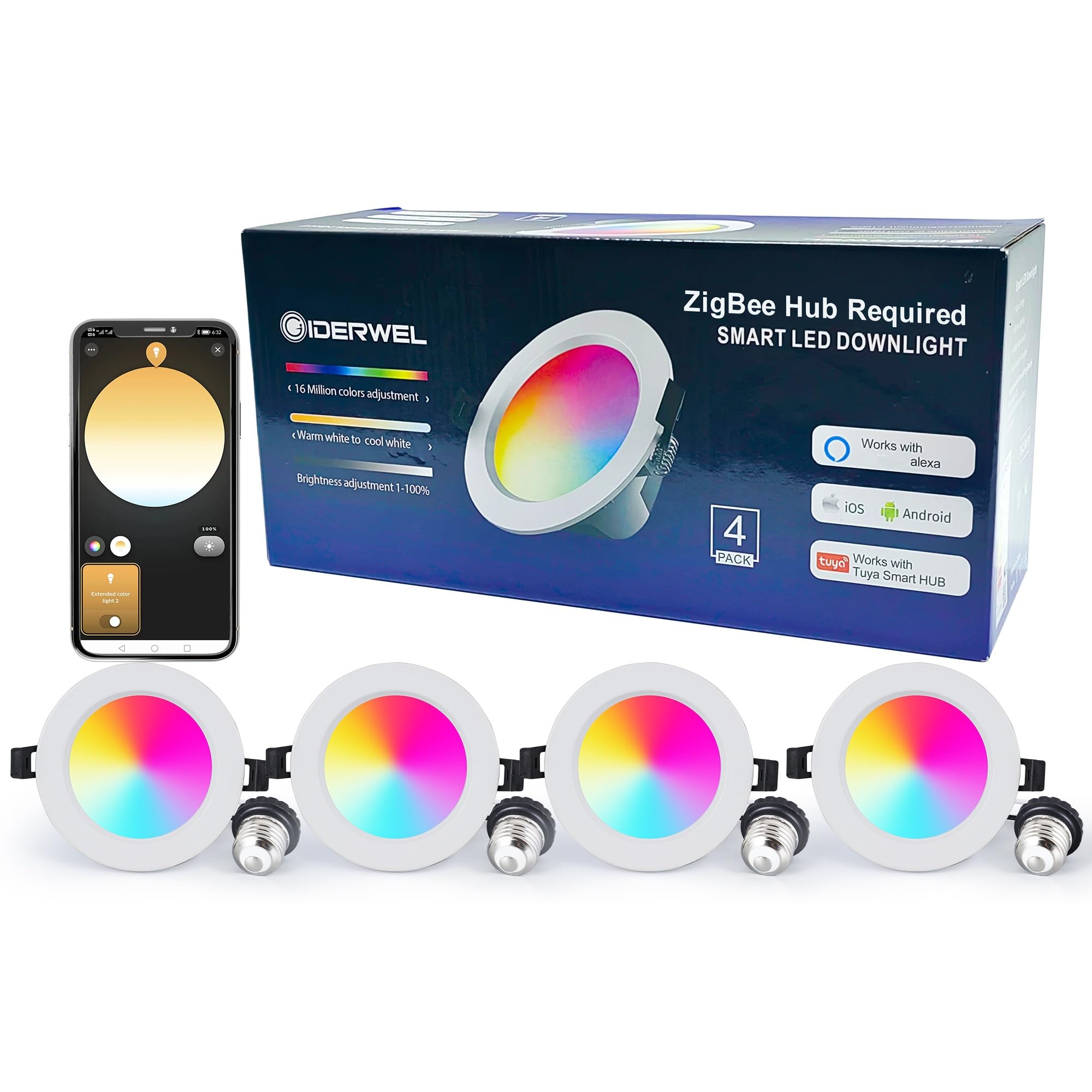 GIDERWEL ZigBee Smart Recessed LED Downlight RGBWW 4 Inch Work with Hub Bridge Echo Plus,APP/Alexa Voice Control White & Color A