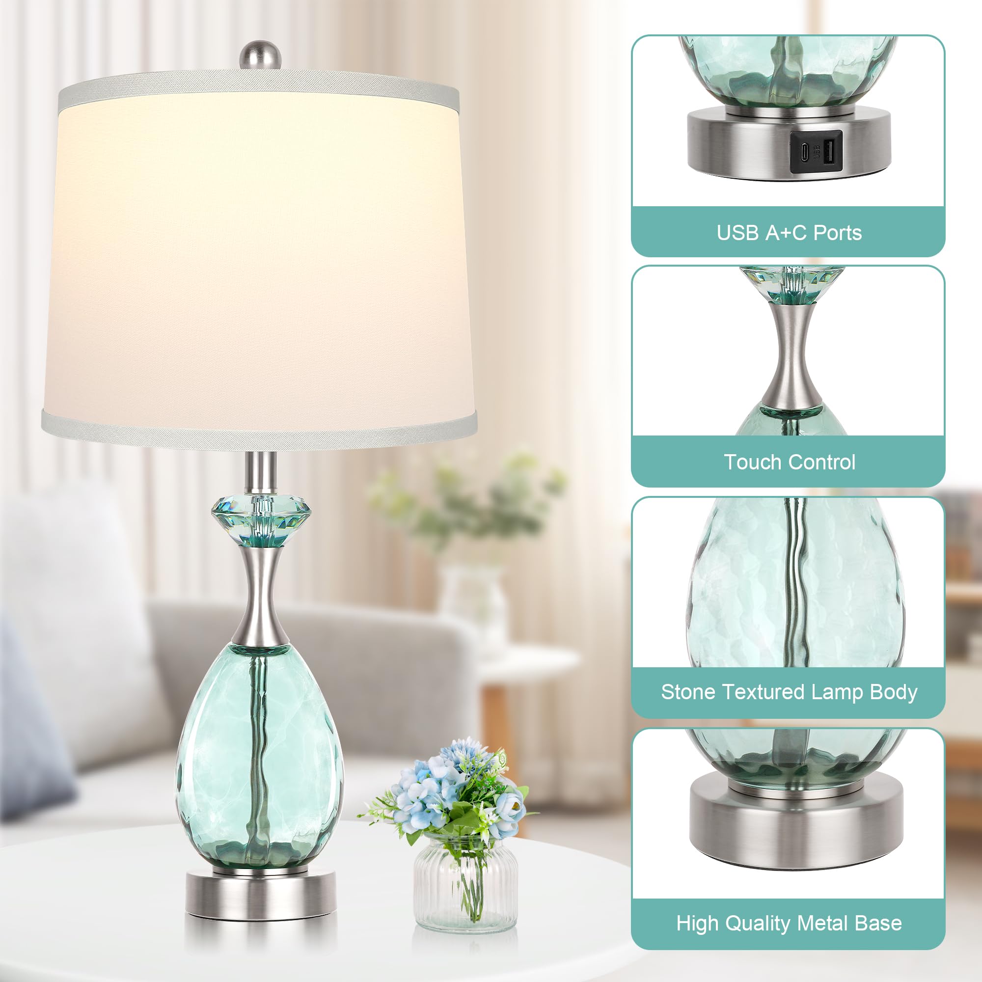 Hamucd 26" Coastal Glass Table Lamps Set of 2, 3-Way Dimmable Touch Control, Blue Nautical with USB Ports, Modern Beach Decor