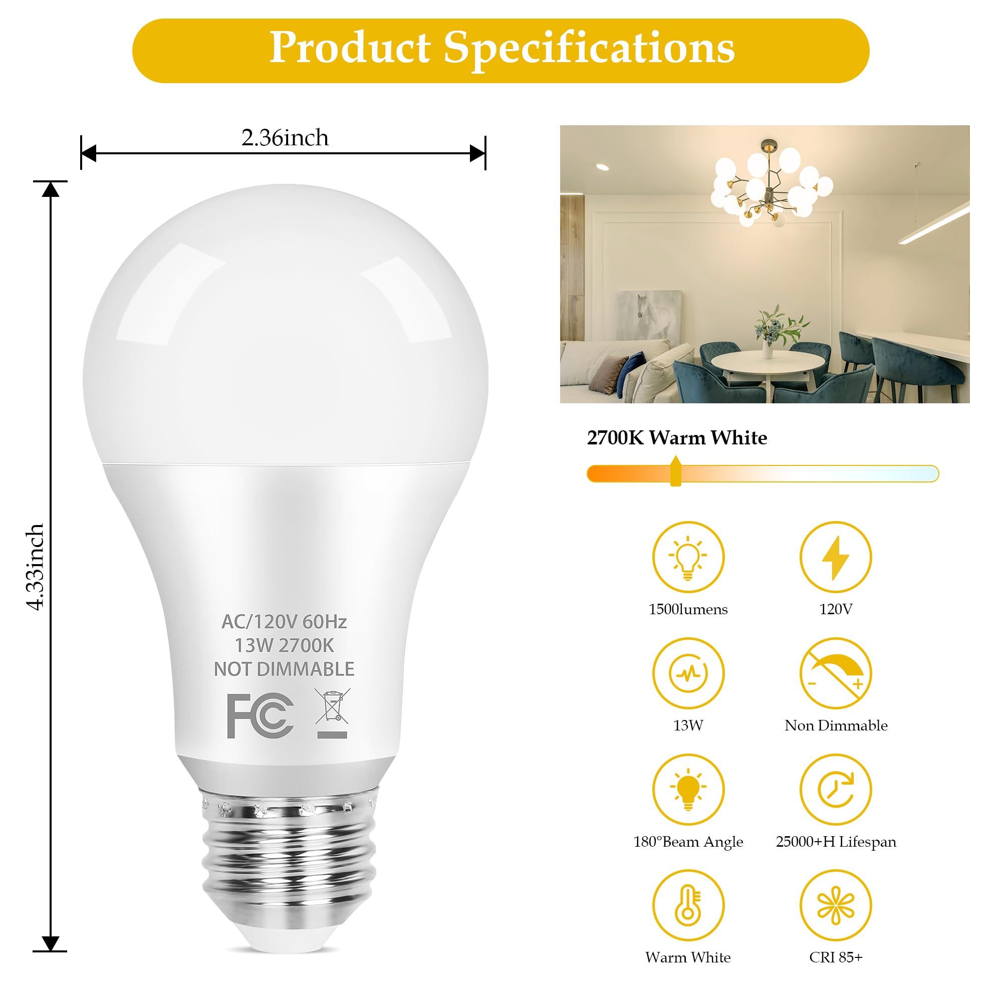 Partphoner A19 Led Light Bulb, 100 Watt Equivalent Led Bulbs, 13W Warm White 2700K, 1500Lm, E26 Standard Base Non-Dimmable White