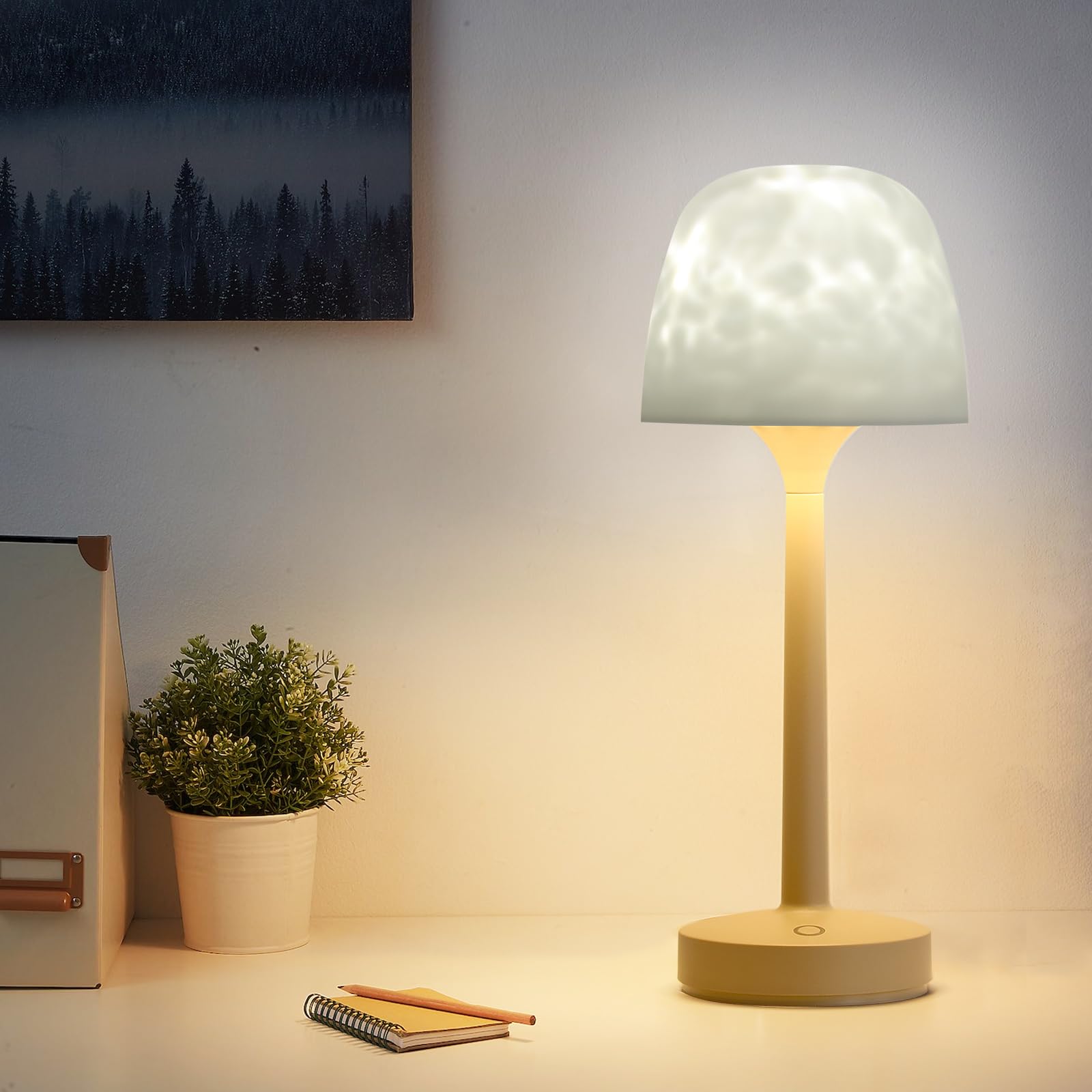 RGB Ocean Wave Projector Table Lamp, USB Rechargeable Cordless Night Light with Remote Control, Dimmable Touch Desk Lamp for Bed