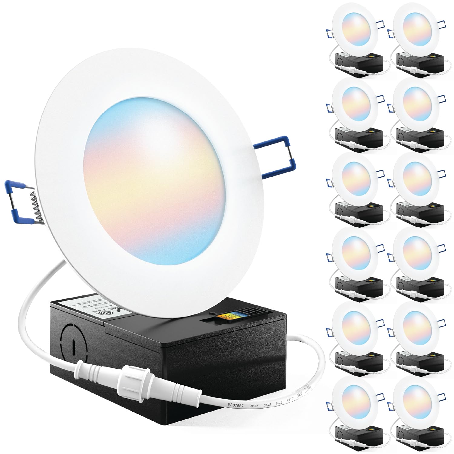 Sunco 12 Pack 5Cct 4 Inch Ultra Thin Led Recessed Ceiling Lights Slim, 800 Lumens High Brightness, 2700K/3000K/3500K/4000K/5000K Selectable, Dimmable, 10W, Canless Wafer With Junction Box