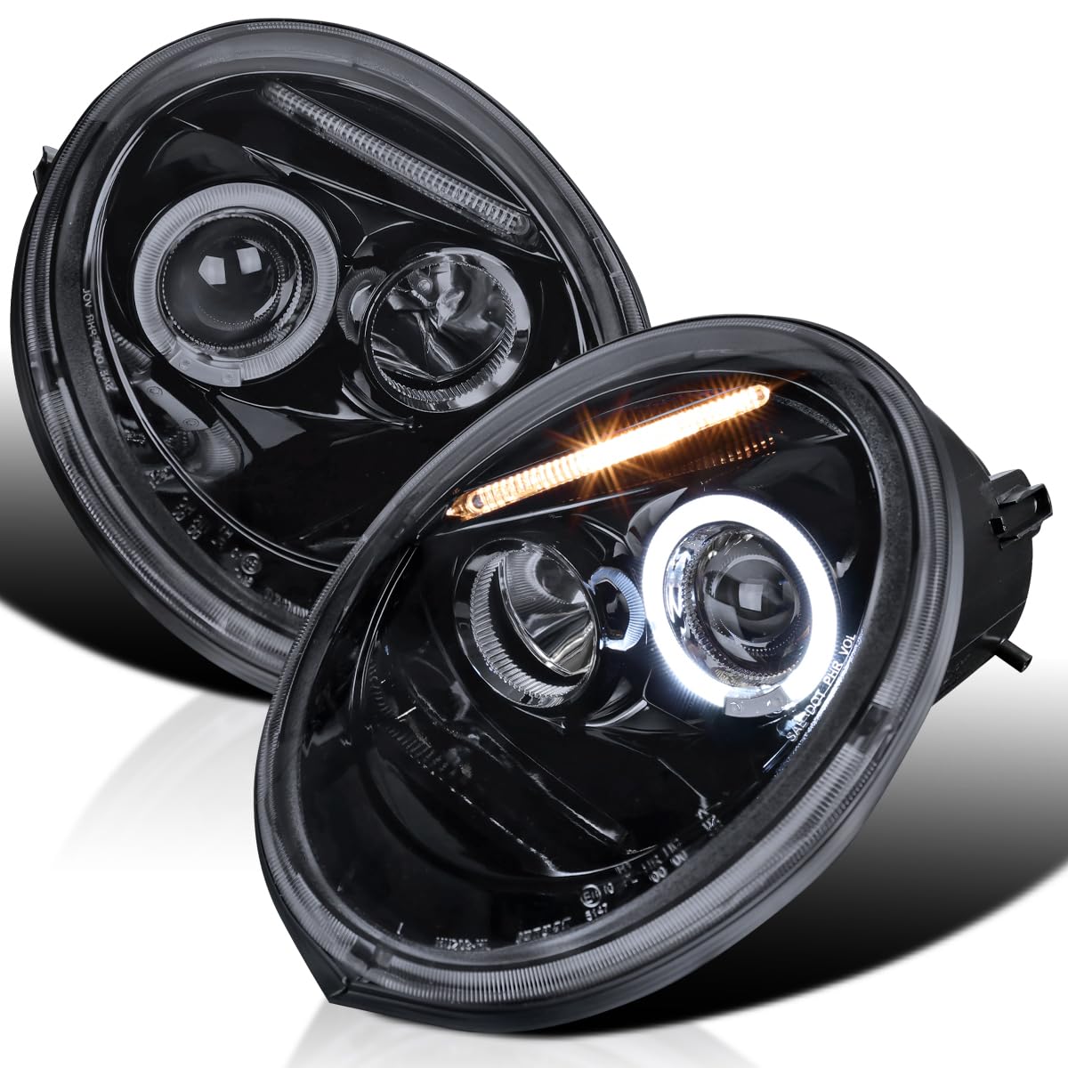 Spec-D Tuning Halo Glossy Black Housing Smoke Lens Projector Headlights Lamps Compatible With 1998-2005 Volkswagen Beetle With F