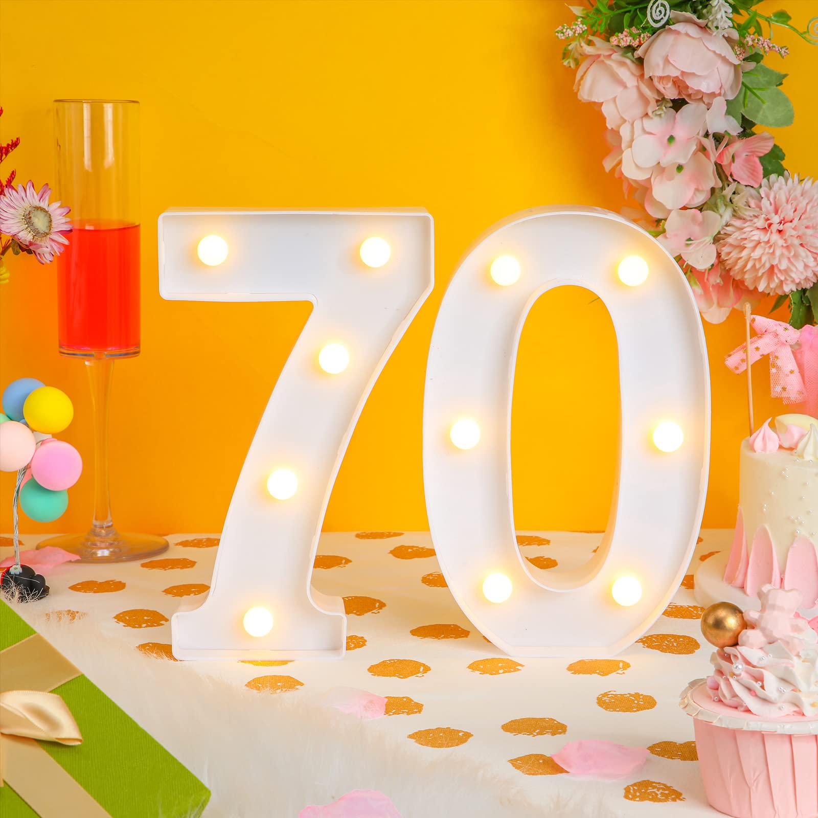 Treela LED Number Sign - 8.7'' Glitter Marquee for 70th Birthday, White, Polypropylene, Model Treela-Light-01