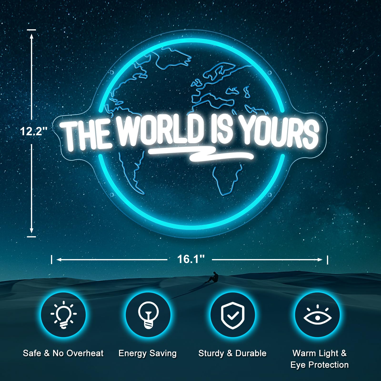 Brochao Neon Sign - The World Is Yours LED Wall Decor, Ice Blue & Cold White, 16.1" x 12.2", Acrylic, Model BRO14-TWIY01-X
