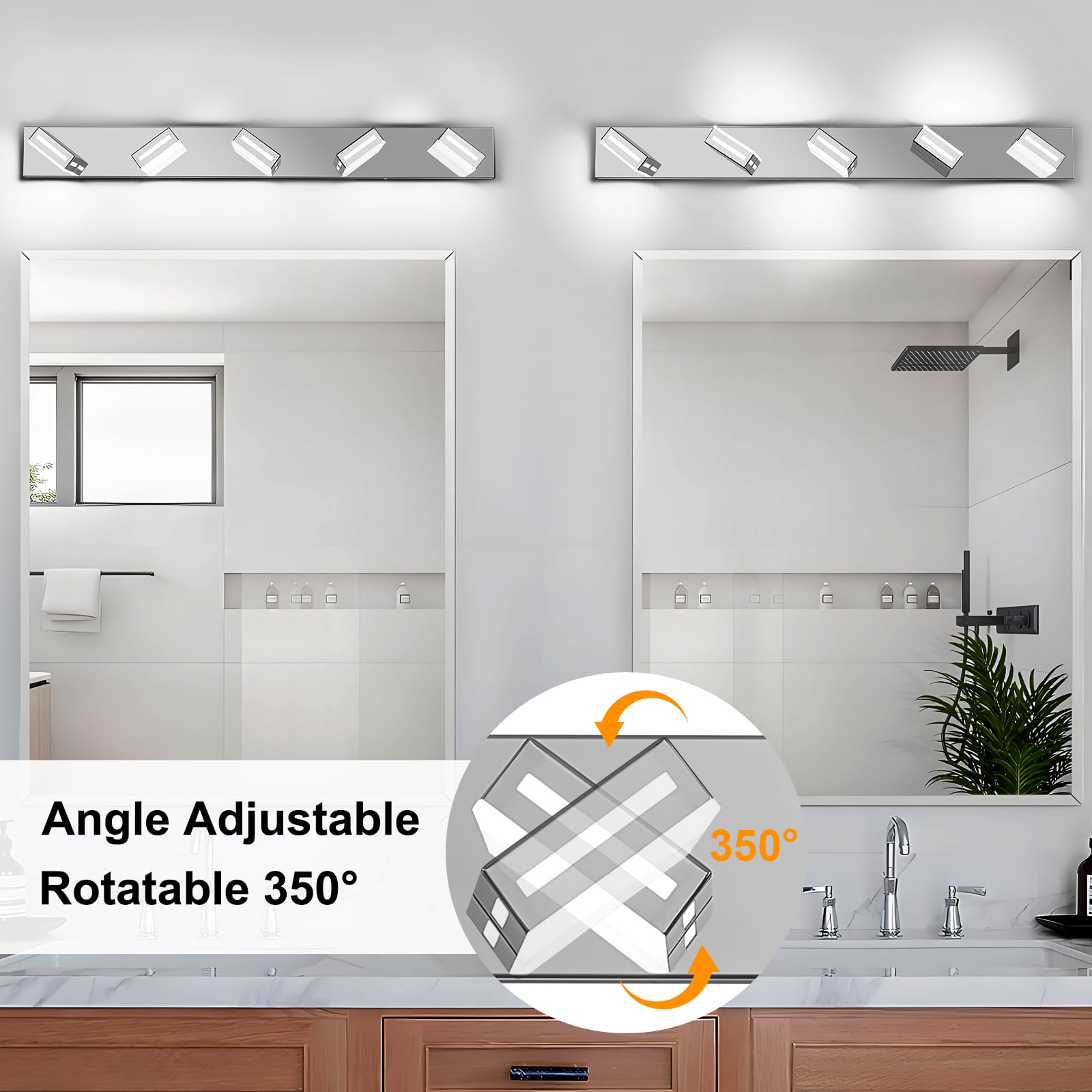 Donrao 40-Inch 5-Light LED Chrome Bathroom Vanity Light Fixture, Rotatable Wall Lights, Cool White 6000K, Model DY24092000011