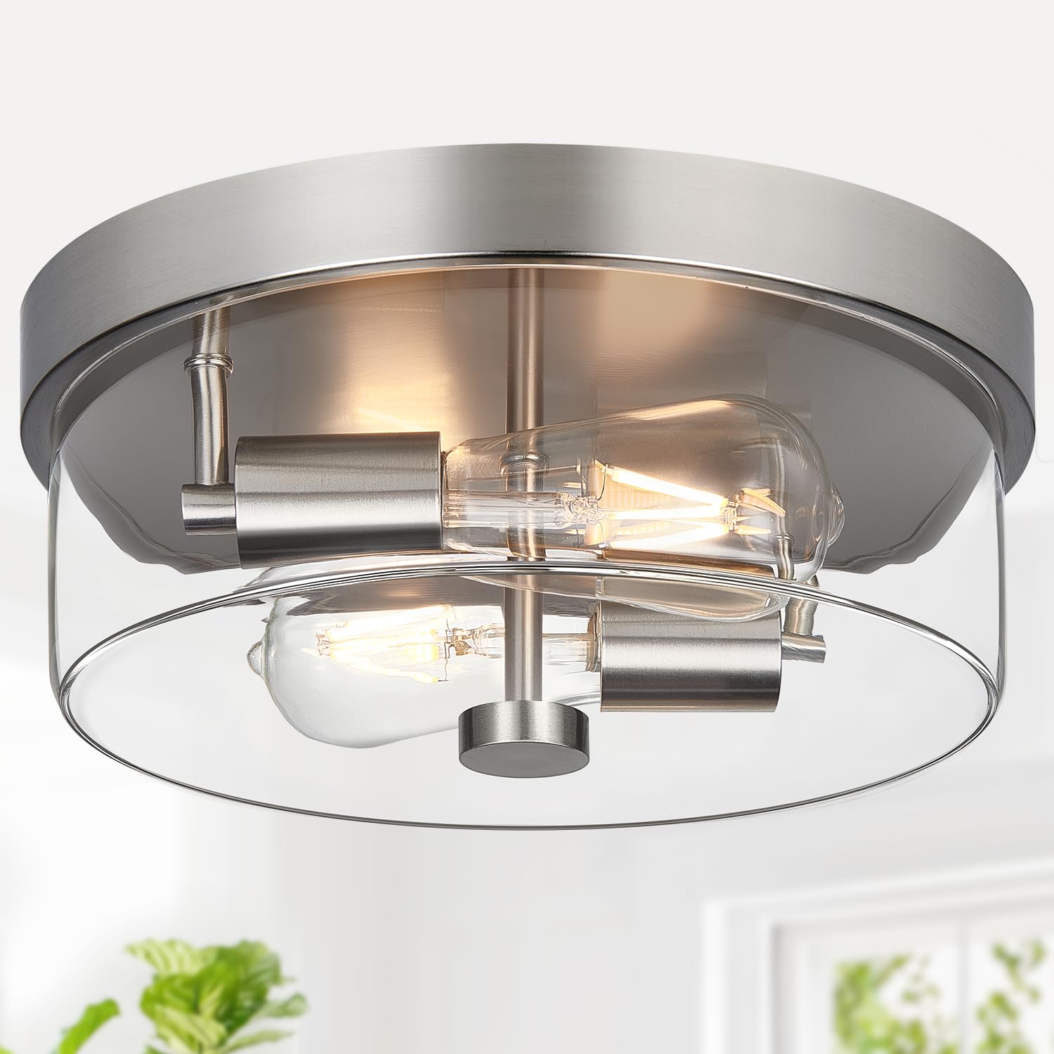 szzgco Flush Mount Ceiling Light Fixtures  2-Light 12 Inch Brushed Nickel Close to Ceiling Light Fixtures with Clear Glass Shade Ceiling Light Fixture for Porch  Hallway  Bathroom  Dining Room and