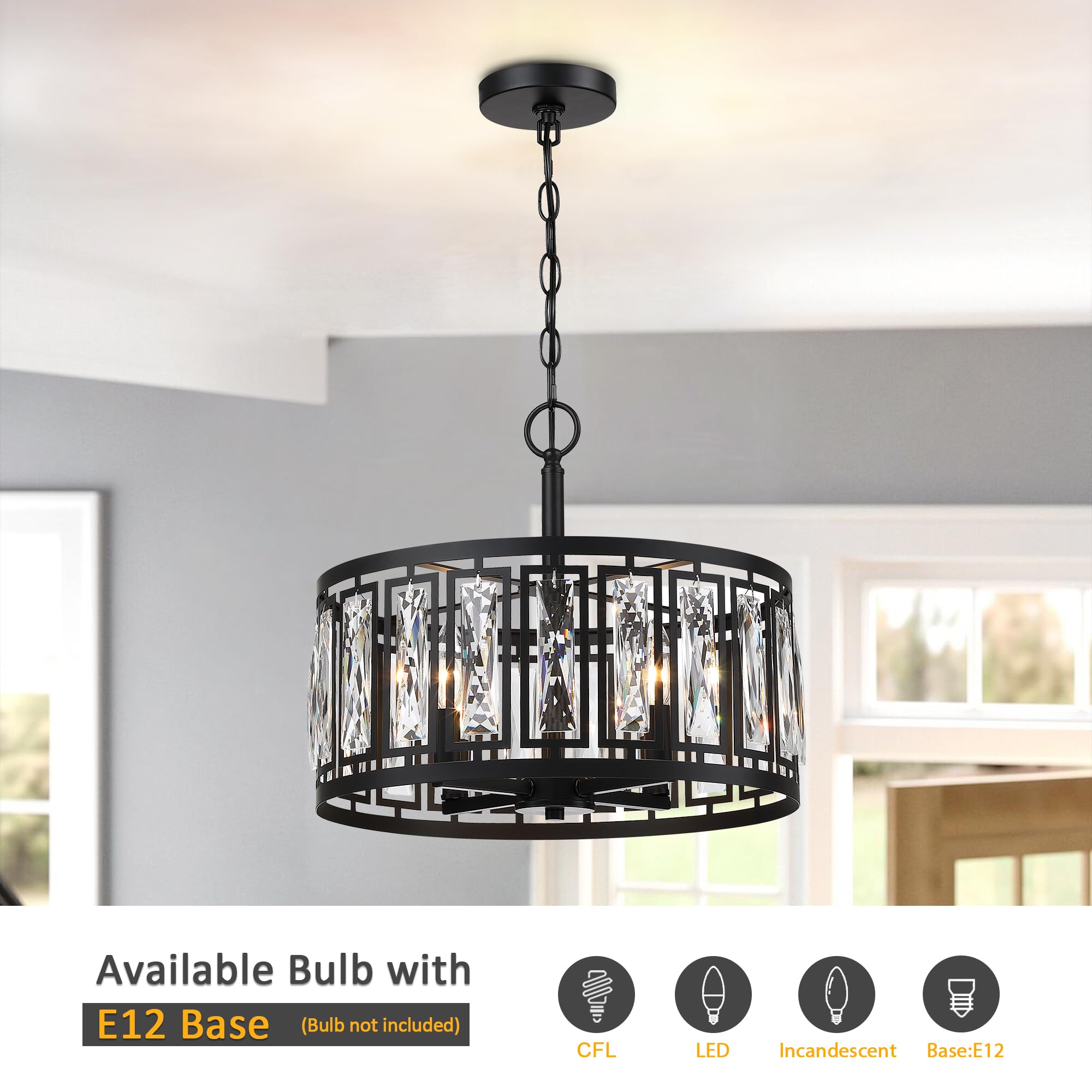 Giiland Modern Crystal Chandelier, 4-Light Pendant Fixture, Adjustable, Matte Black, Large, Model H210099-4CH-BK for Dining Room or Kitchen