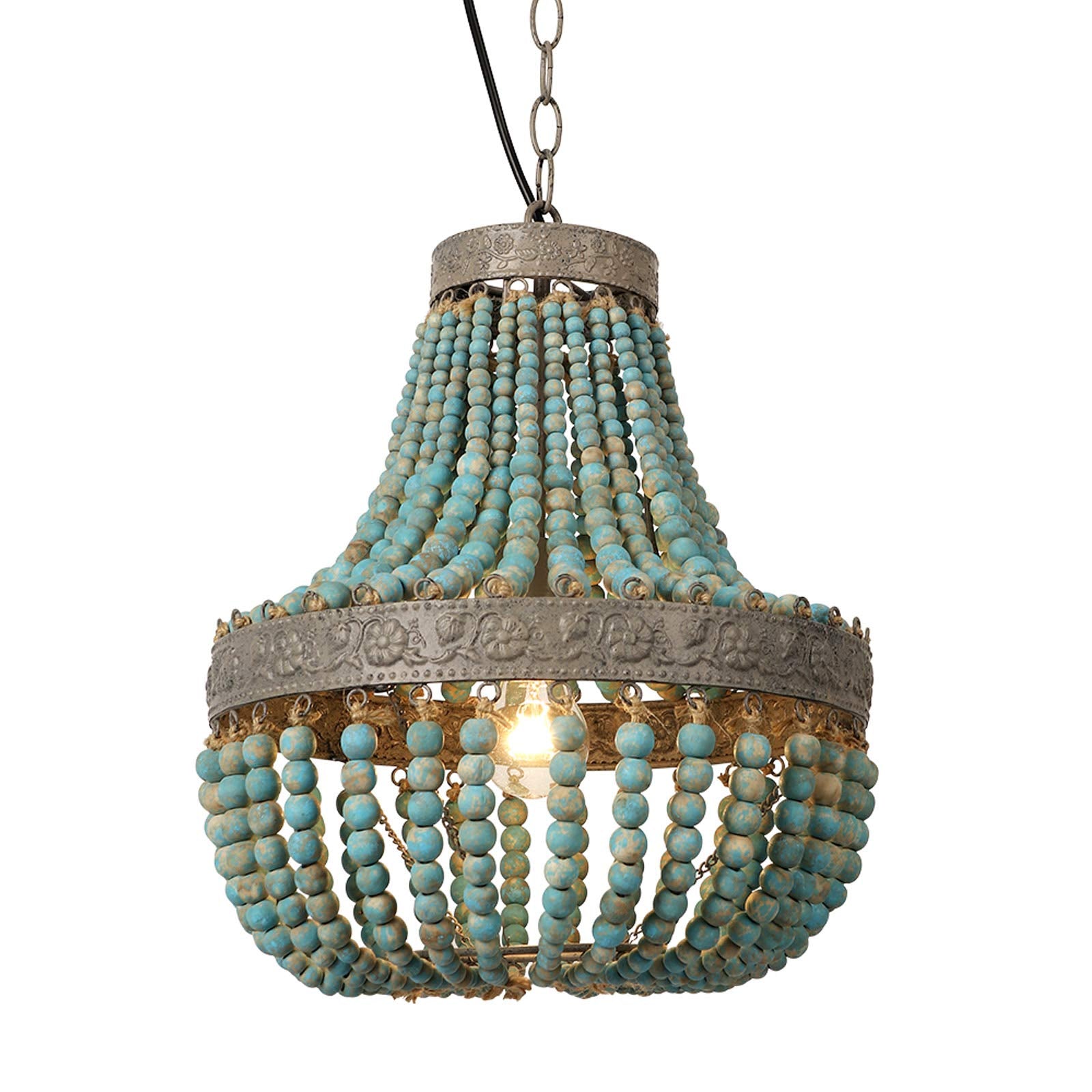 Newrays Wood Bead Chandelier Pendant Blue Finishing Bohemian Boho Beachy Ceiling Lamp Light Fixtures for Bedroom,Island,Plug in