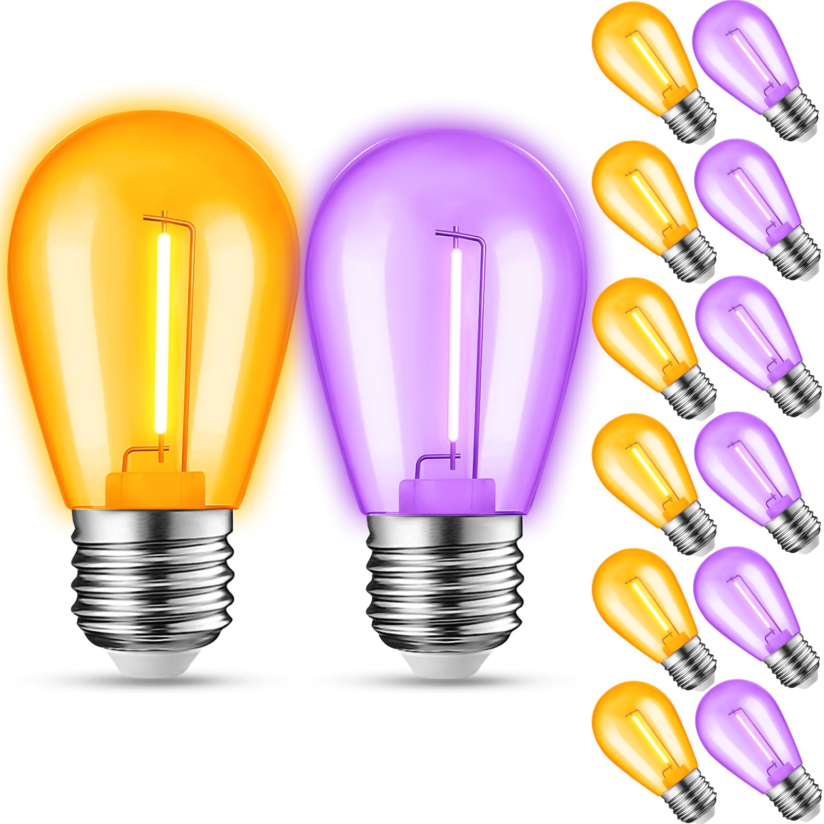 Jaheks 12-Pack Orange Purple String Light Bulbs  Patio String Light Replacement Bulbs For Outdoor Indoor  1W E26 Base S14 Led Bulbs For Christmas Halloween Holiday Home Decor(6 Orange + 6 Purple)