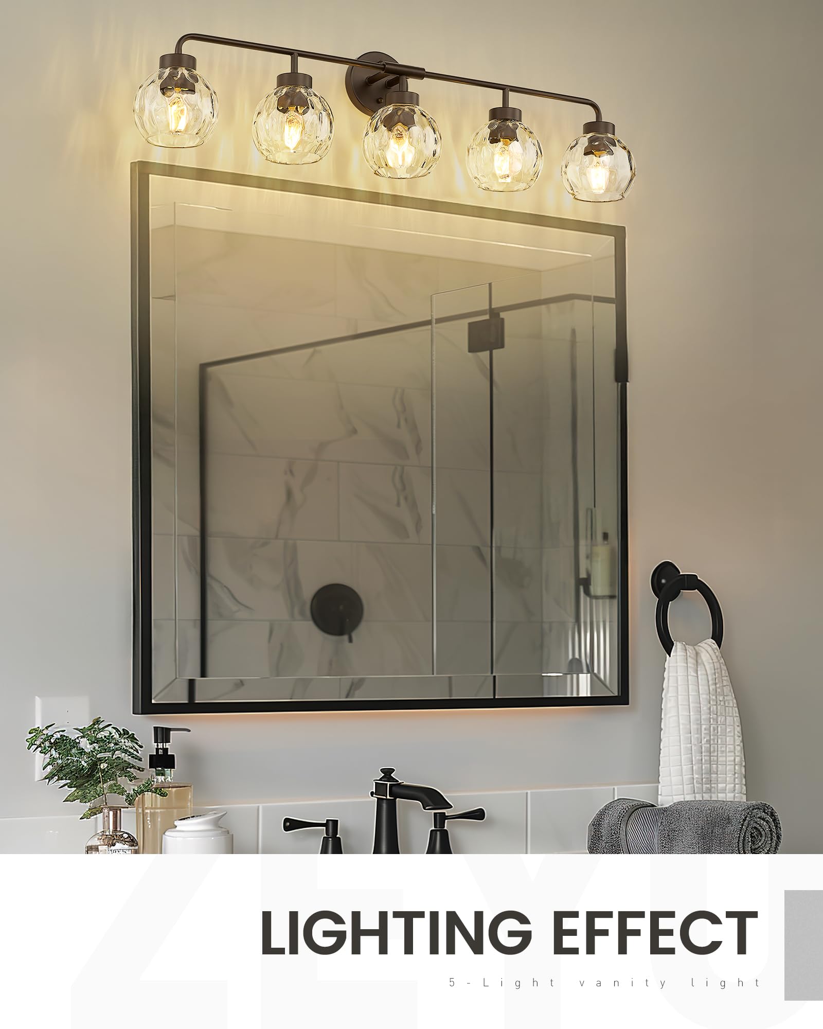 Zeyu 38.5 Inch Farmhouse Bathroom Lighting Fixture  5-Light Bathroom Vanity Light  Oil Rubbed Bronze Finish With Water Ripple Globe Glass  Zs62Bg-5W Orb-Wg