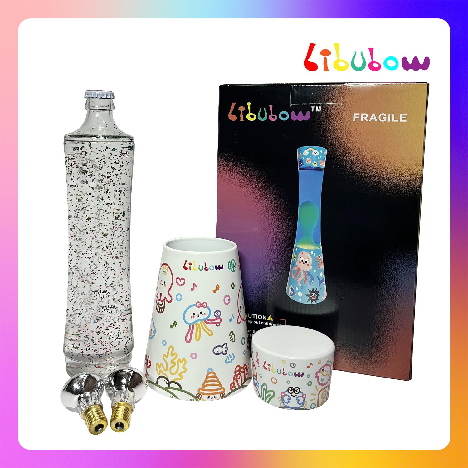 Libubow Rainbow Glitter Lamp, 15.5 Inch, Music Party Decal Base, 2 Bulbs, Starry Night Light, Mood Lighting, Home Decor
