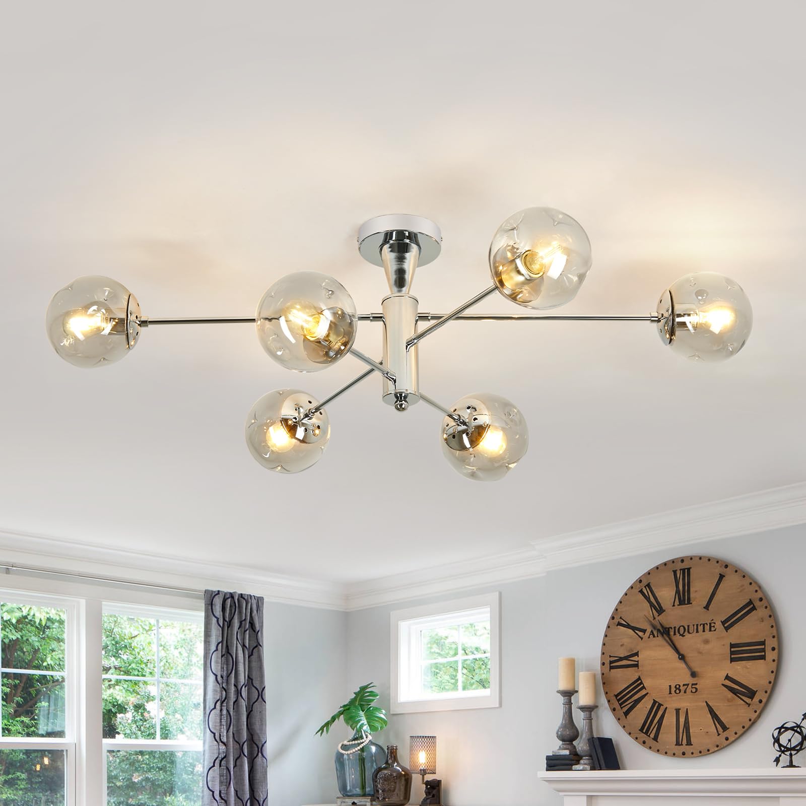 Hesoge Modern Sputnik Ceiling Lights 6 Light Semi Flush Mount Ceiling Fixture With Glass Globes Chrome Chandelier For Dining Room Bedroom Living Room Kitchen Farmhouse.