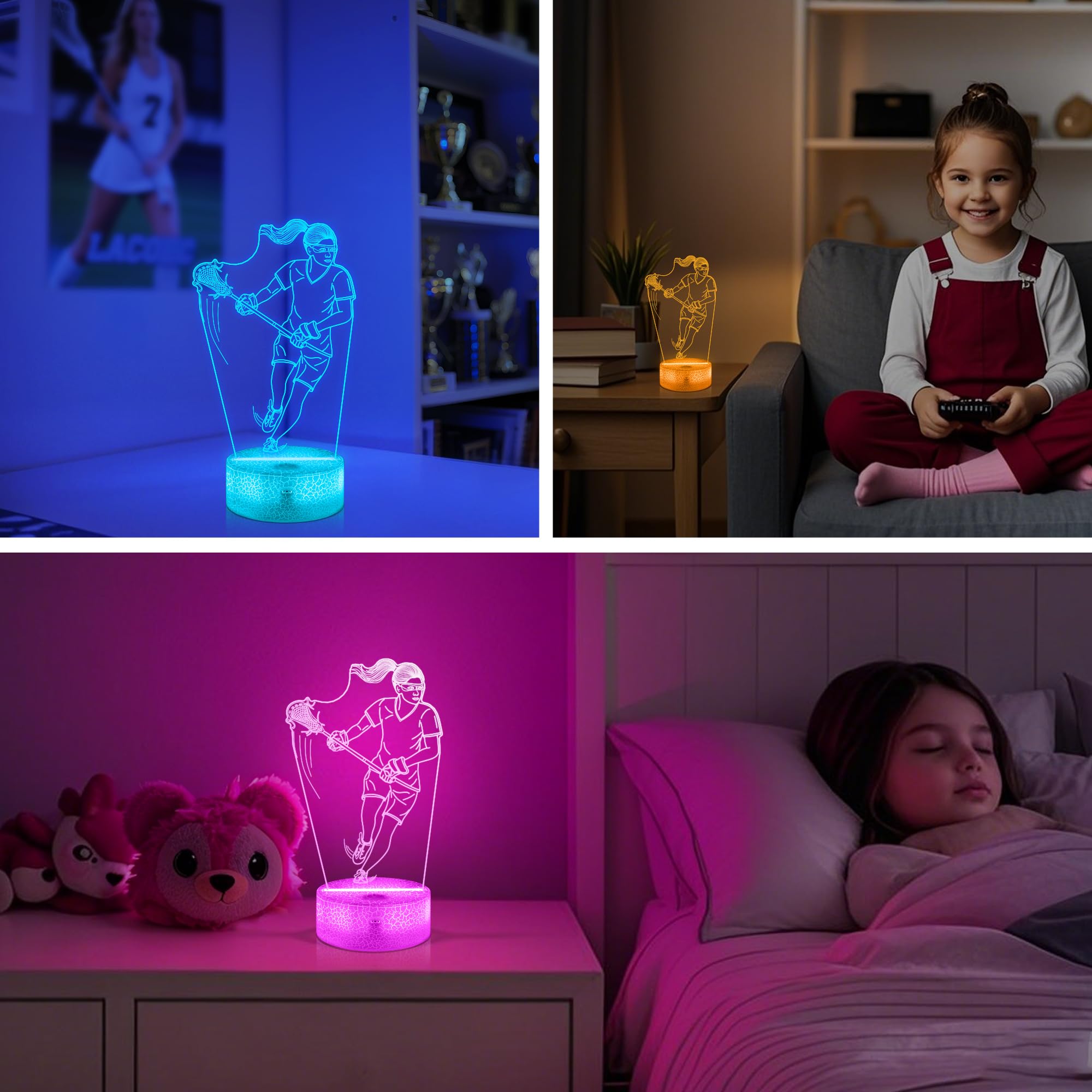 OkiyiD Lacrosse Gifts for Girls Women,Lacrosse Night Light 3D Illusion Lamp with 16 Colors Remote Control,Lacrosse Accessories S