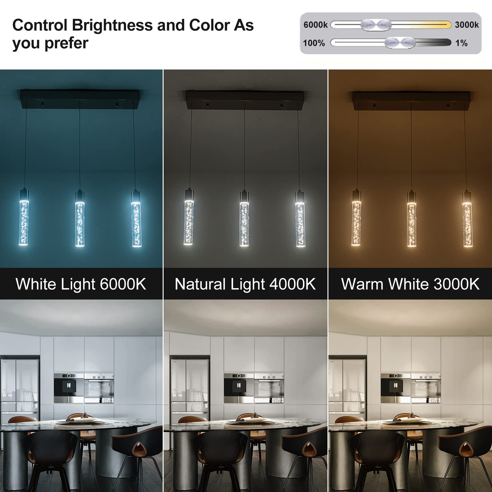 BESTWEST Modern Pendant Light - 3-Lights, Brushed Nickel, Dimmable, Adjustable Height, Model BW-02-3Z-BN24W
