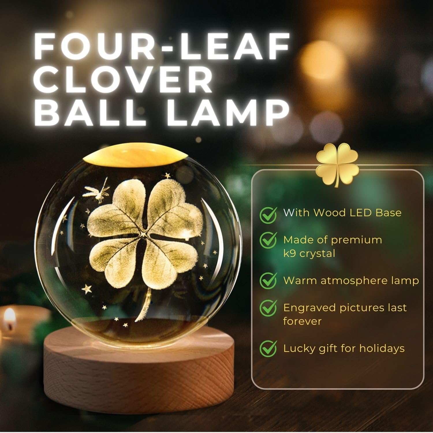Flexzion 3D Clover Crystal Ball Night Light - Led Light Hologram Glass Lamp With Solid Wood Base  Usb Powered Crystal Ball Lamp With Adjustable Brightness For Home Decor Display Gift  2.4Inch(60Mm)