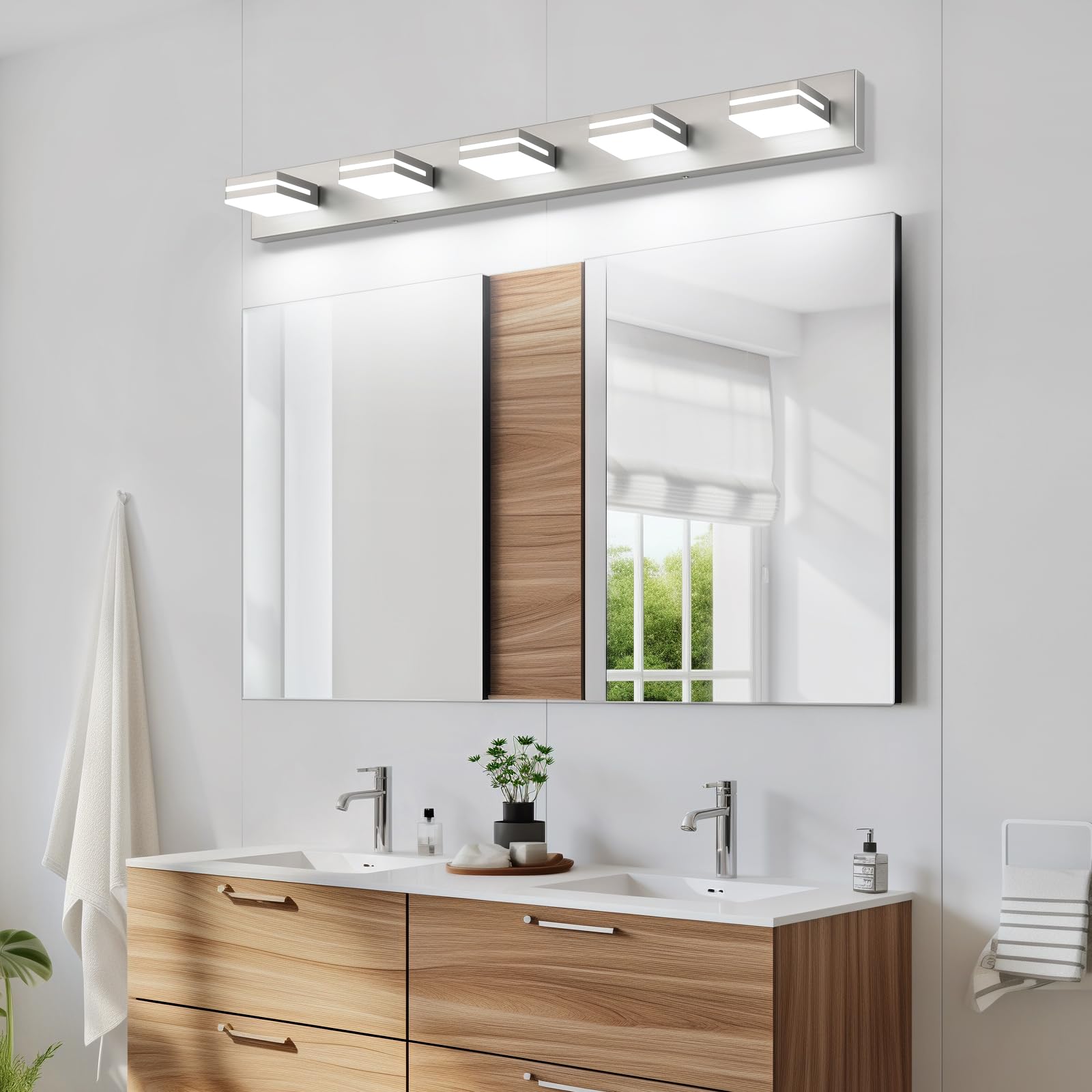 Sinerise Led Modern Bathroom Vanity Light Fixtures (5-Light  40-Inch  Dimmable)  Brushed Nickel Modern Acrylic Bathroom Wall Lighting Fixtures Over Mirror (Cool White 6000K)
