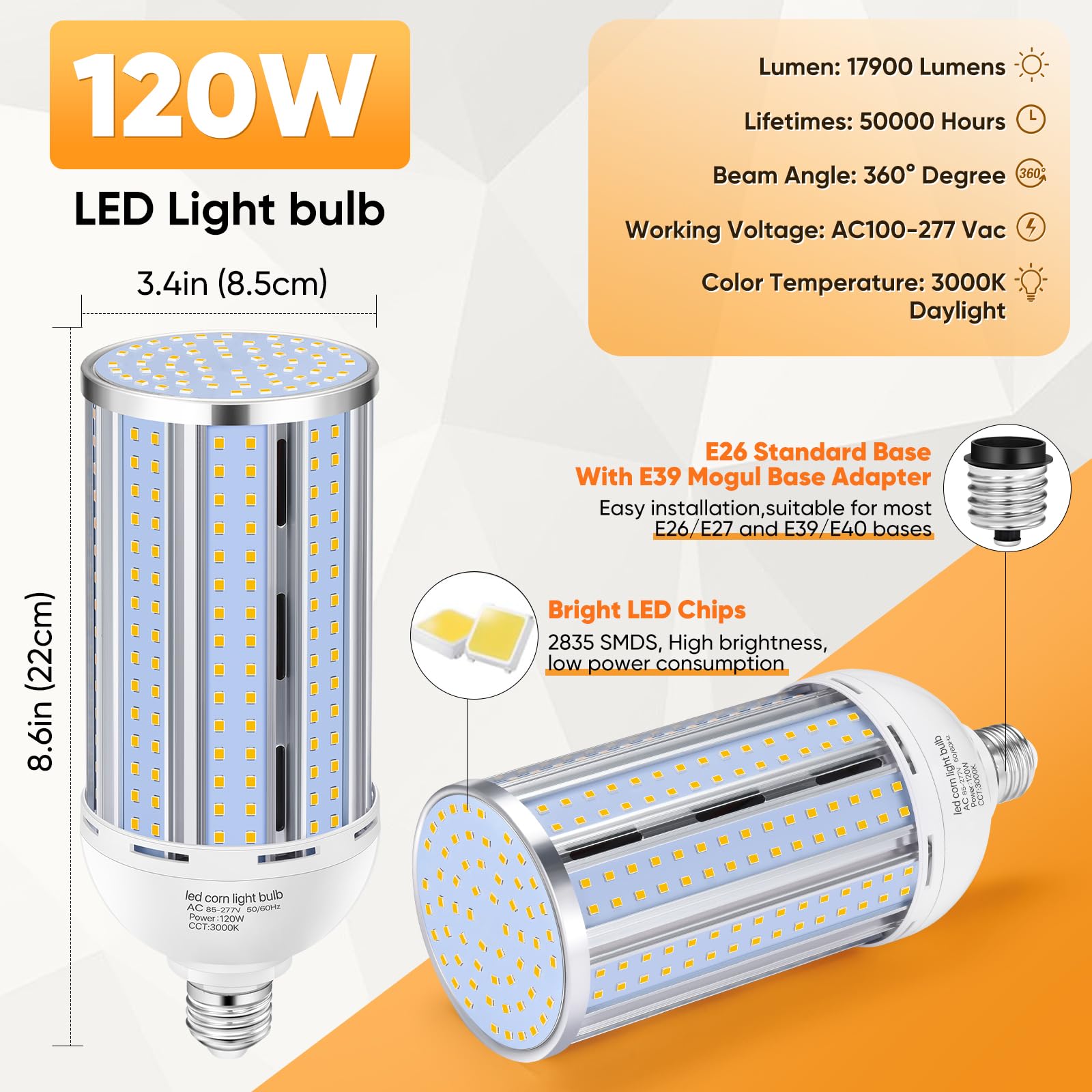 Xycn 2 Pack 120W Corn Led Light Bulb Fanless,3000K/Warm White(1200 Watt Equivalent) E26/E39 Large Mogul Base Led Cob Lamp 15,800