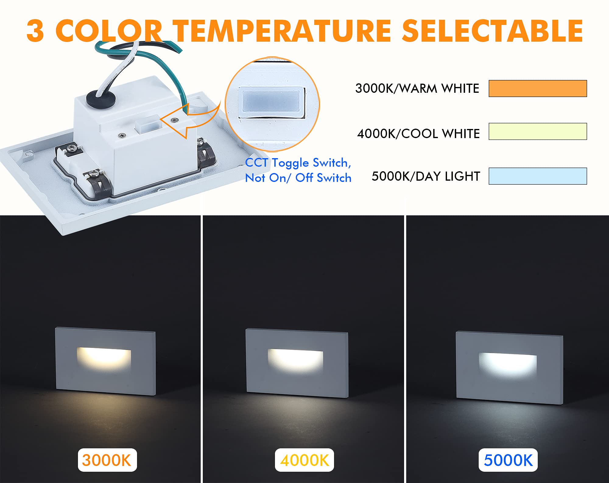 Cloudy Bay 3 Color 120V Dimmable Led Indoor Outdoor Step Light,3000K/4000K/5000K 3W 100Lm Stair Light,White Finish,12 Pack