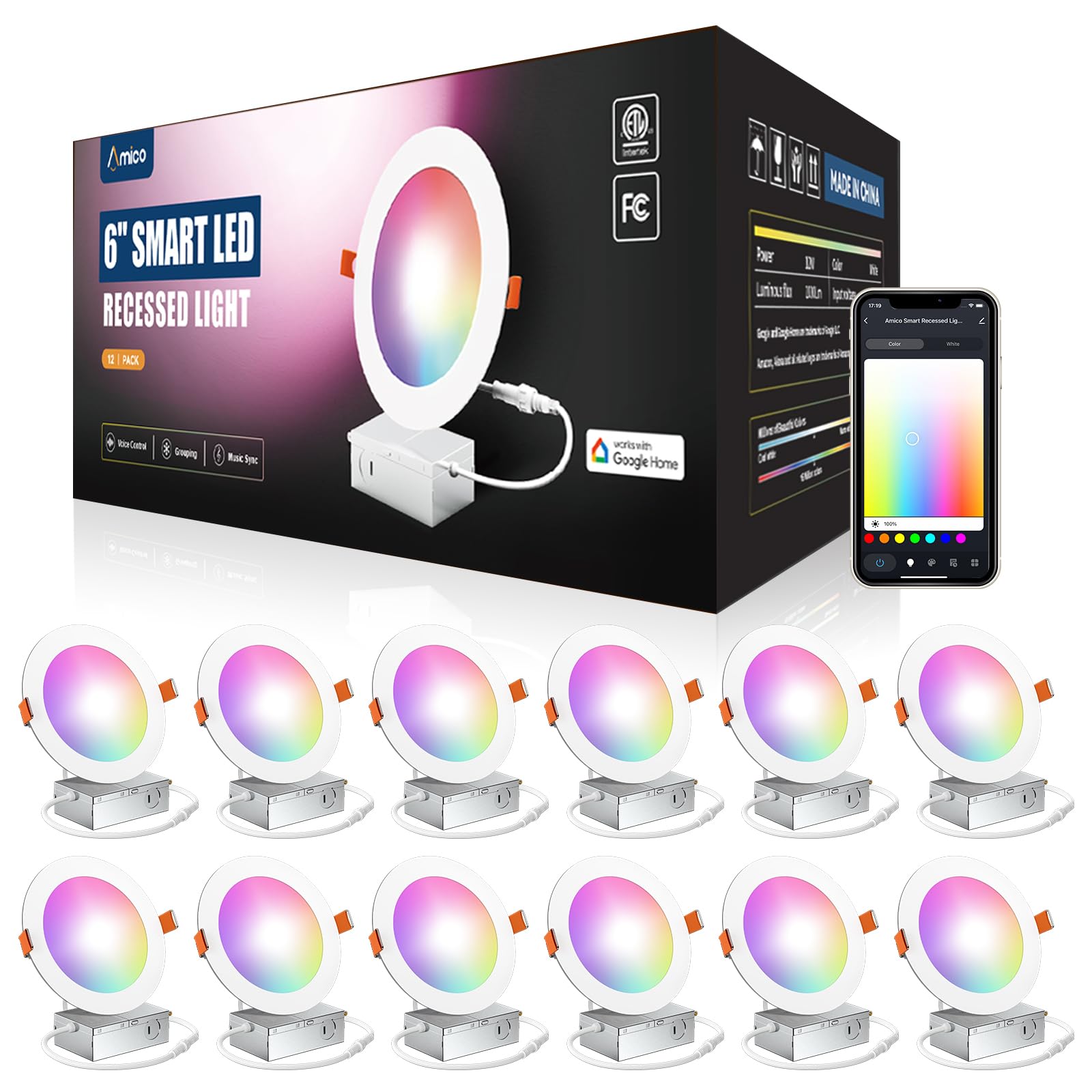 Amico 12W Smart LED Recessed Lighting, WiFi Canless Downlight, 6 Inch, RGB Color Changing, Model DC08-DR6-12W120-CCT+W