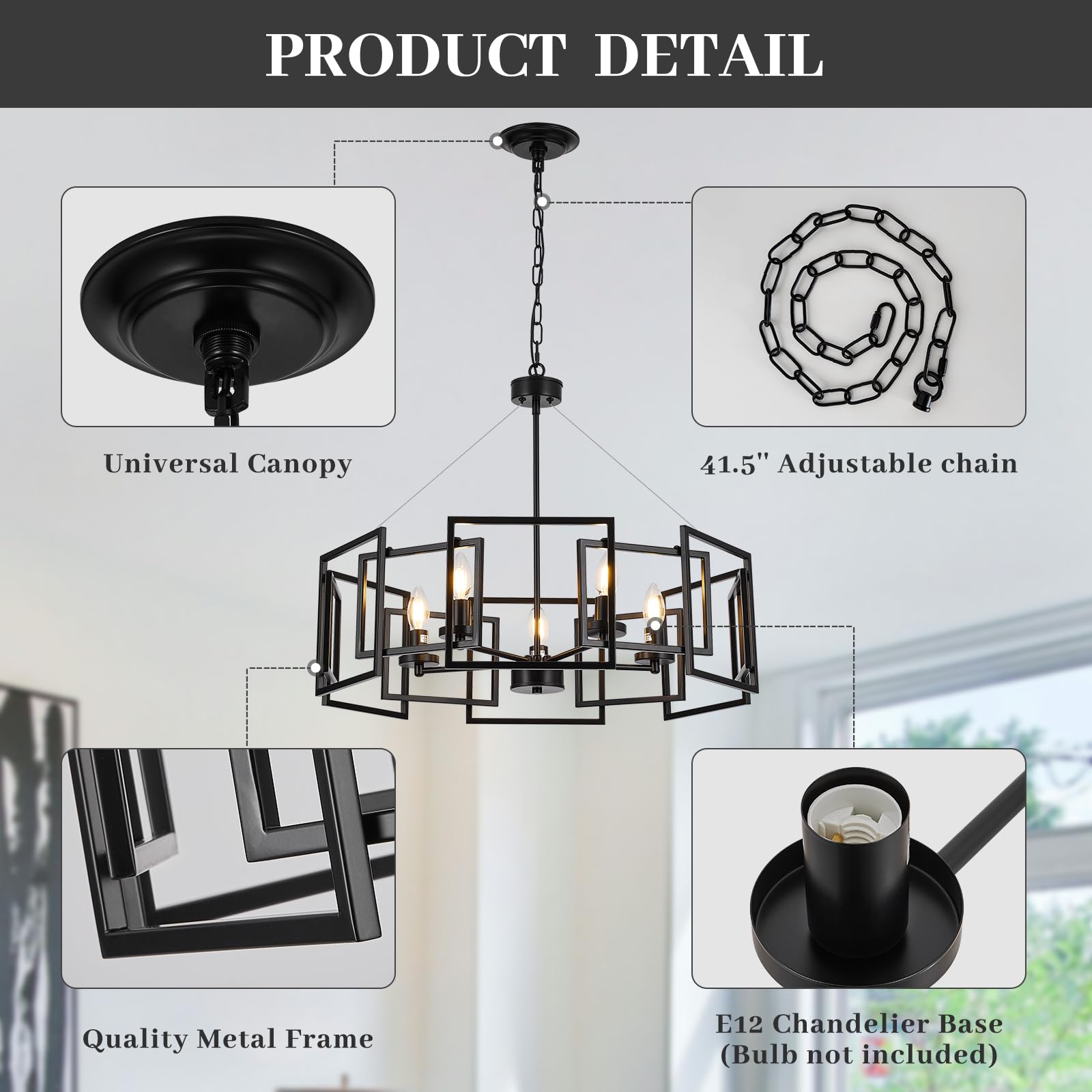 5-Light Black Geometric Chandelier,Height Adjustable Industrial Chandelier For Dining Room,Modern Farmhouse Chandelier Light Fix