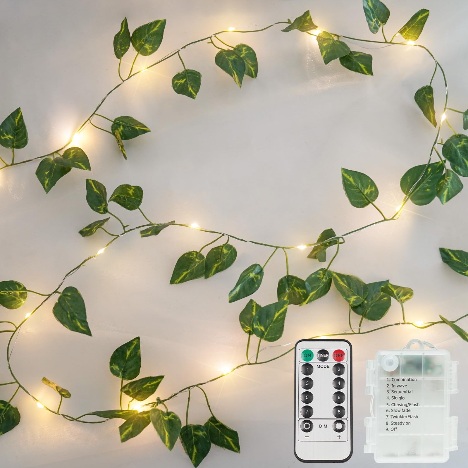 suddus Vine with Fairy Lights Battery Operated, 13.1ft 40 LED Pothos String Lights with Remote, Leaf Lights for Bedroom, Room, W