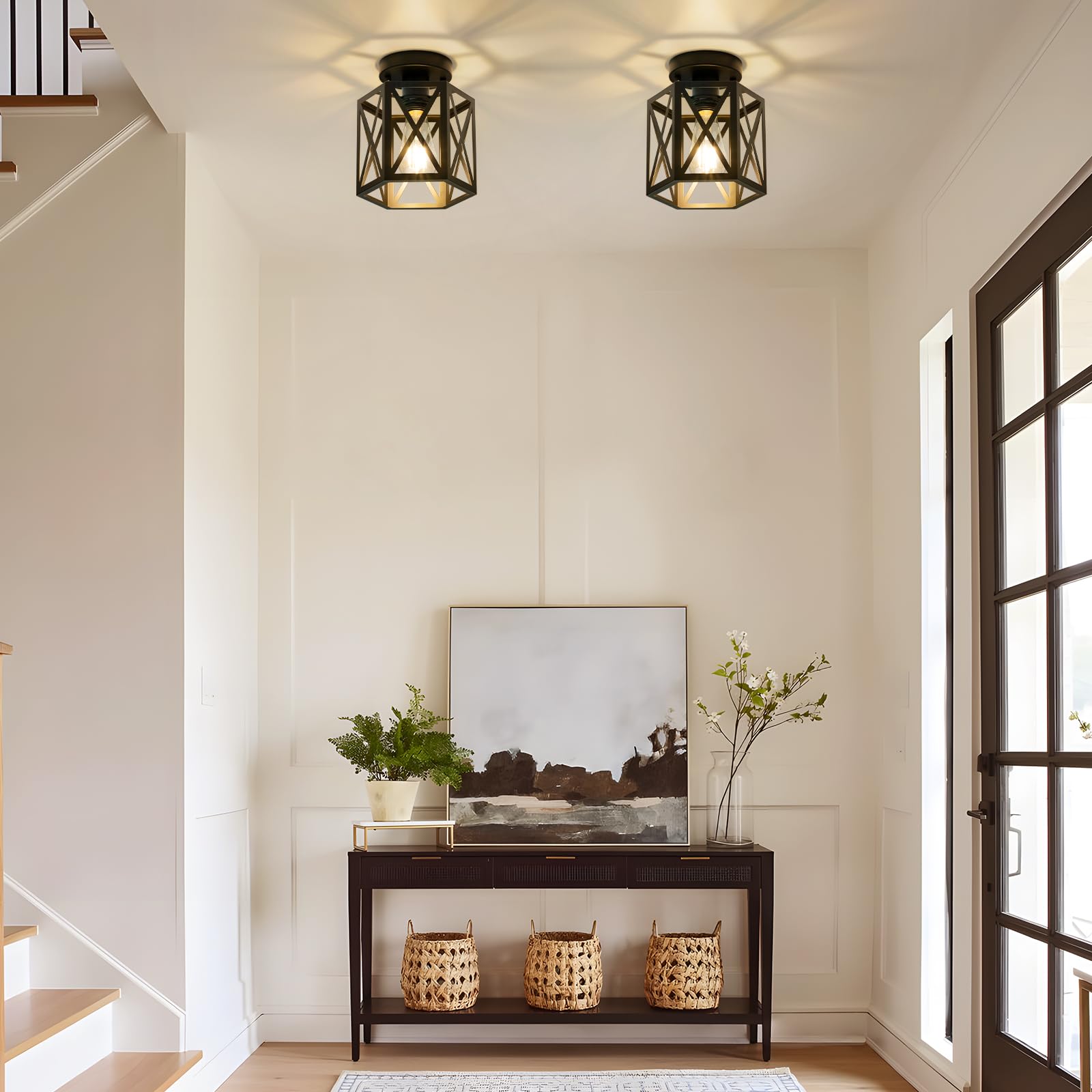 Oteedo 2 Pack Modern Semi Flush Mount Ceiling Light Hexagon Flush Mount Ceiling Lights For Dining Room Light Fixture Farmhouse Black Metal Kitchen Island Lighting Fixtures For Hallway Bathroom