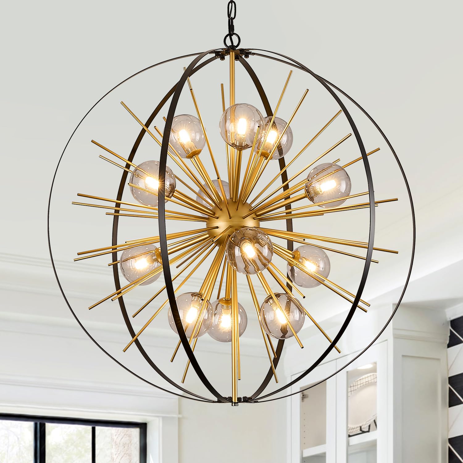 Poemoon Large 31 Black Gold Mid Century Sputnik Chandelier 12 Lights Modern Ceiling Firework Globe Pendant Lighting with Smoke Class Lampshades for Foyer Staircase Entryway Living Dining Room