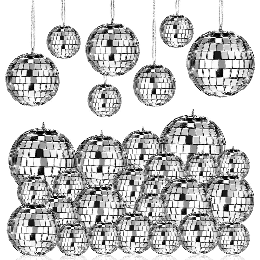 28 Pack Disco Ball, Disco Ball Party Decorations Silver Hanging Reflective Mirror Balls Ornaments 70s Disco Party Supplies Birth