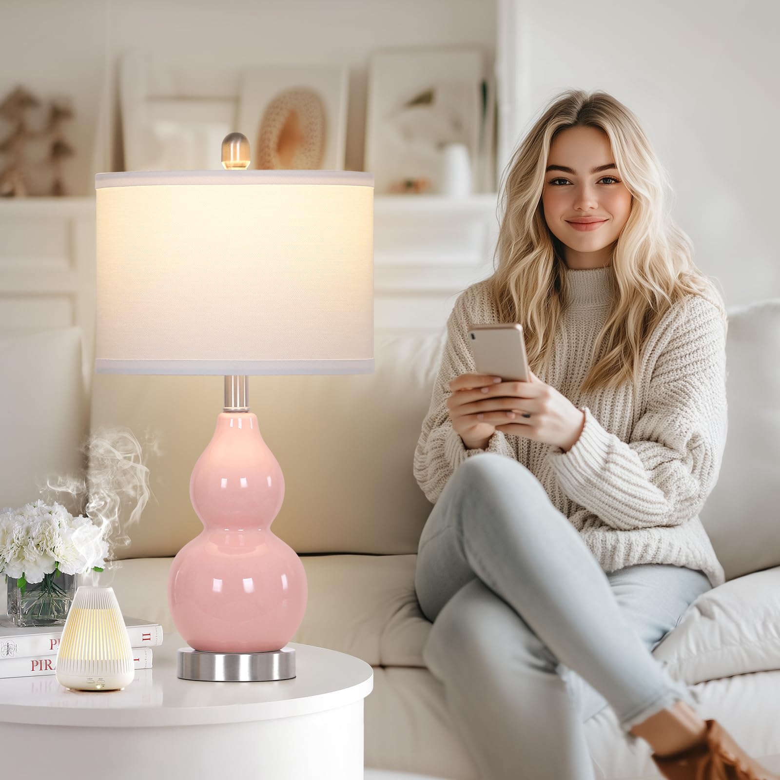 Rinweey Double Gourd Ceramic Table Lamps Set of 2, Modern Pink Nightstand Lamps for Bedroom, Bulb Included, Large Size