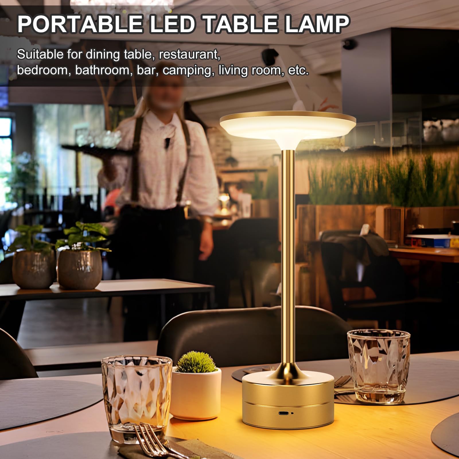 FRIDEKO HOME 2 Pack LED Cordless Table Lamps - Rechargeable, Stepless Dimmable, Gold, Model L07007-132-US-2PCS