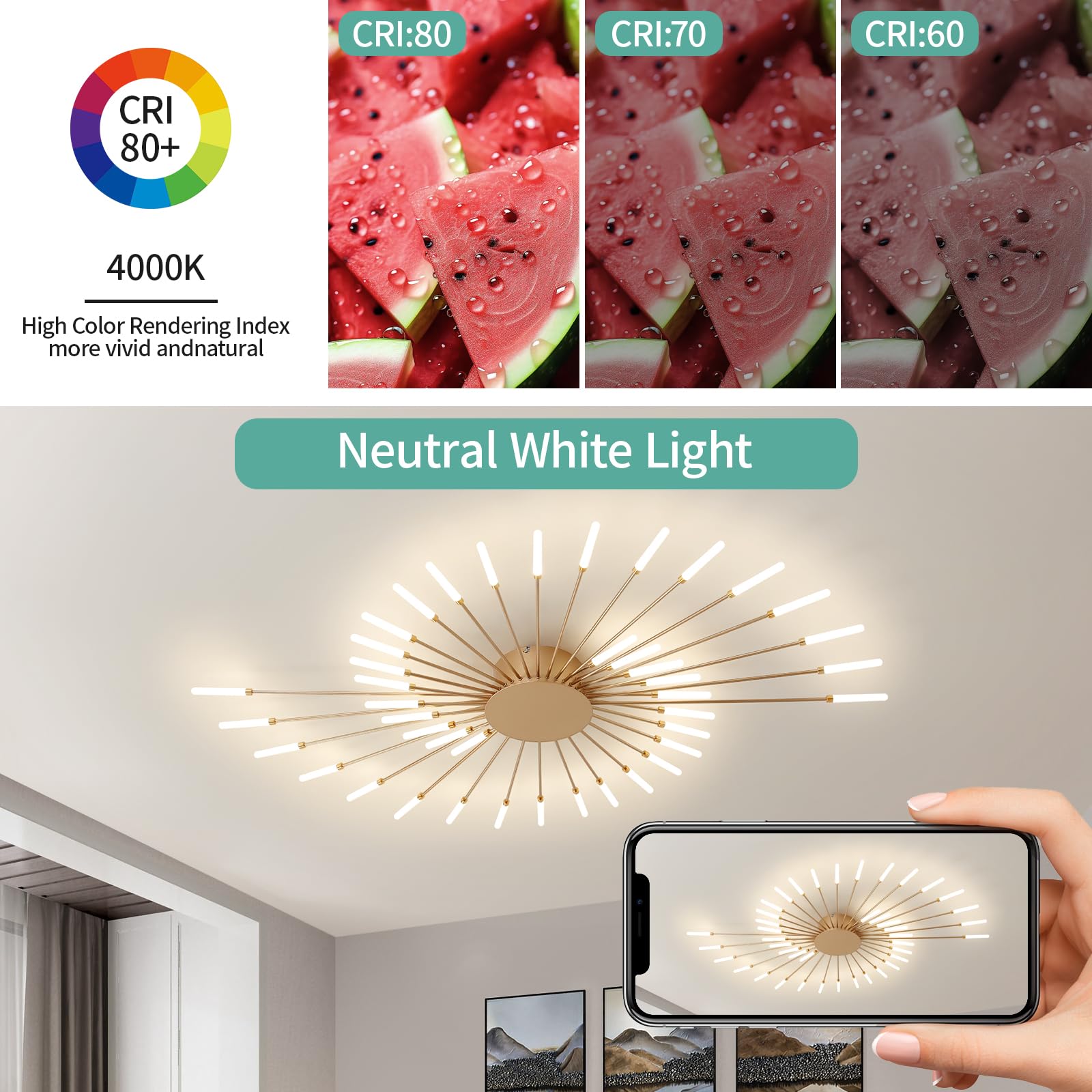 Ziidoo Modern Ceiling Light  42 Lights Metal Firework Designed Chic Led Lighting Fixture For Farmhouse Kitchen Dining Room Bedroom Hallway Living Room (Gold And Dark Gold)