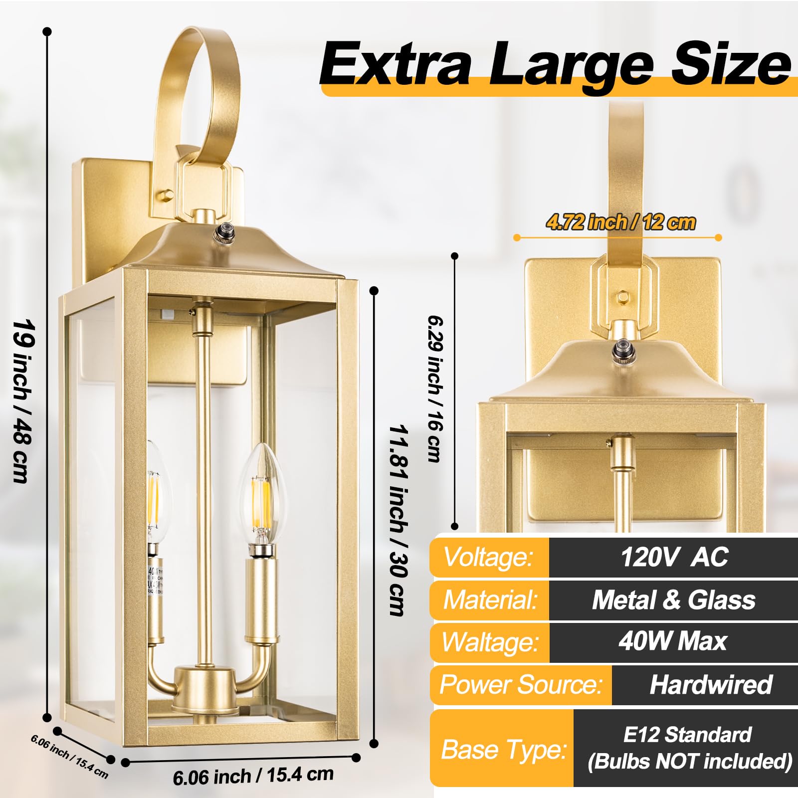 Yolsunes Gold Dusk To Dawn Outdoor Wall Lantern 2-Light, 19'' Large Outside Modern Wall Sconce Light Fixture, Industrial Porch L