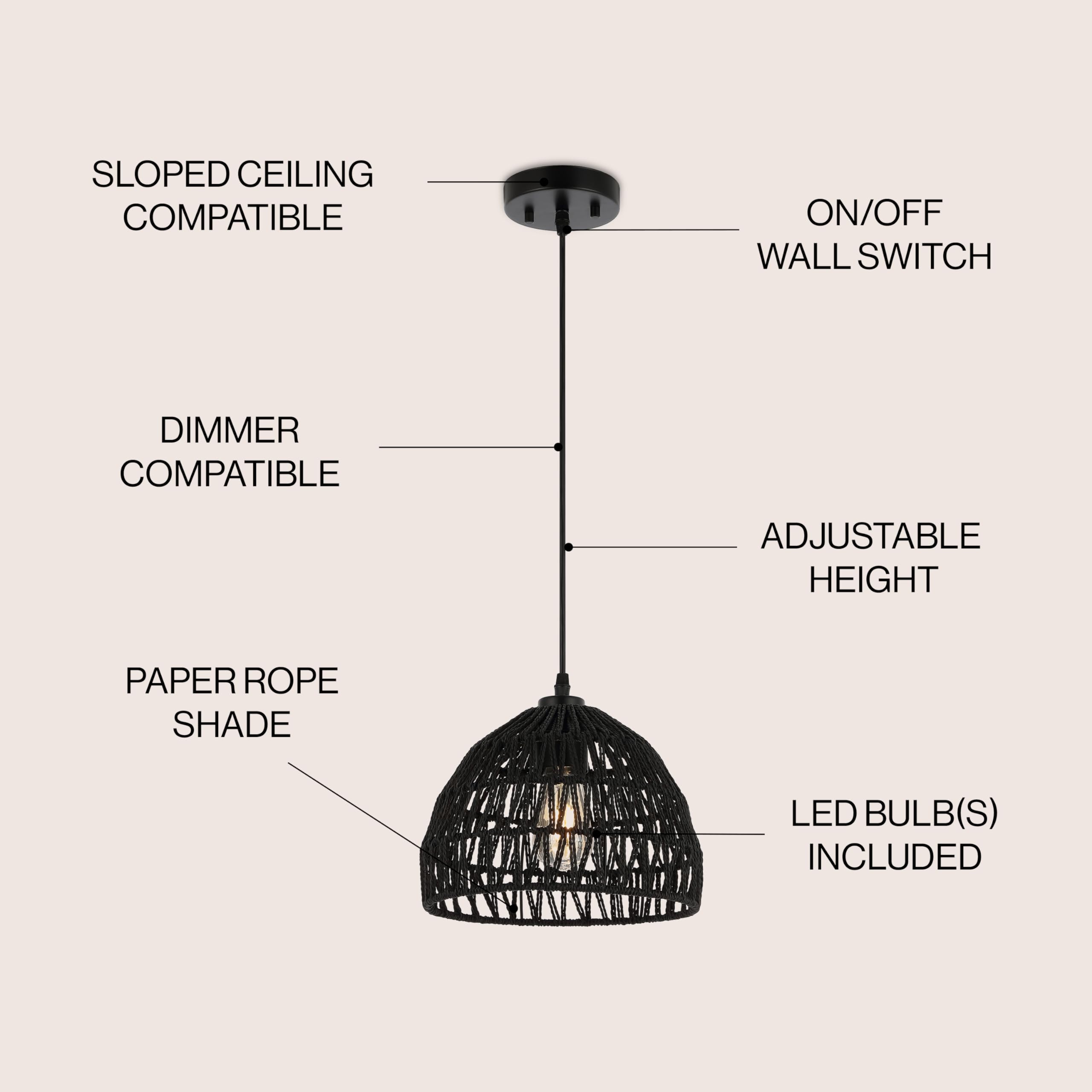 JONATHAN Y 1-Light LED Pendant, Bohemian Modern, Woven Rope/Iron, 10.25in, Black, Model JYL6513B