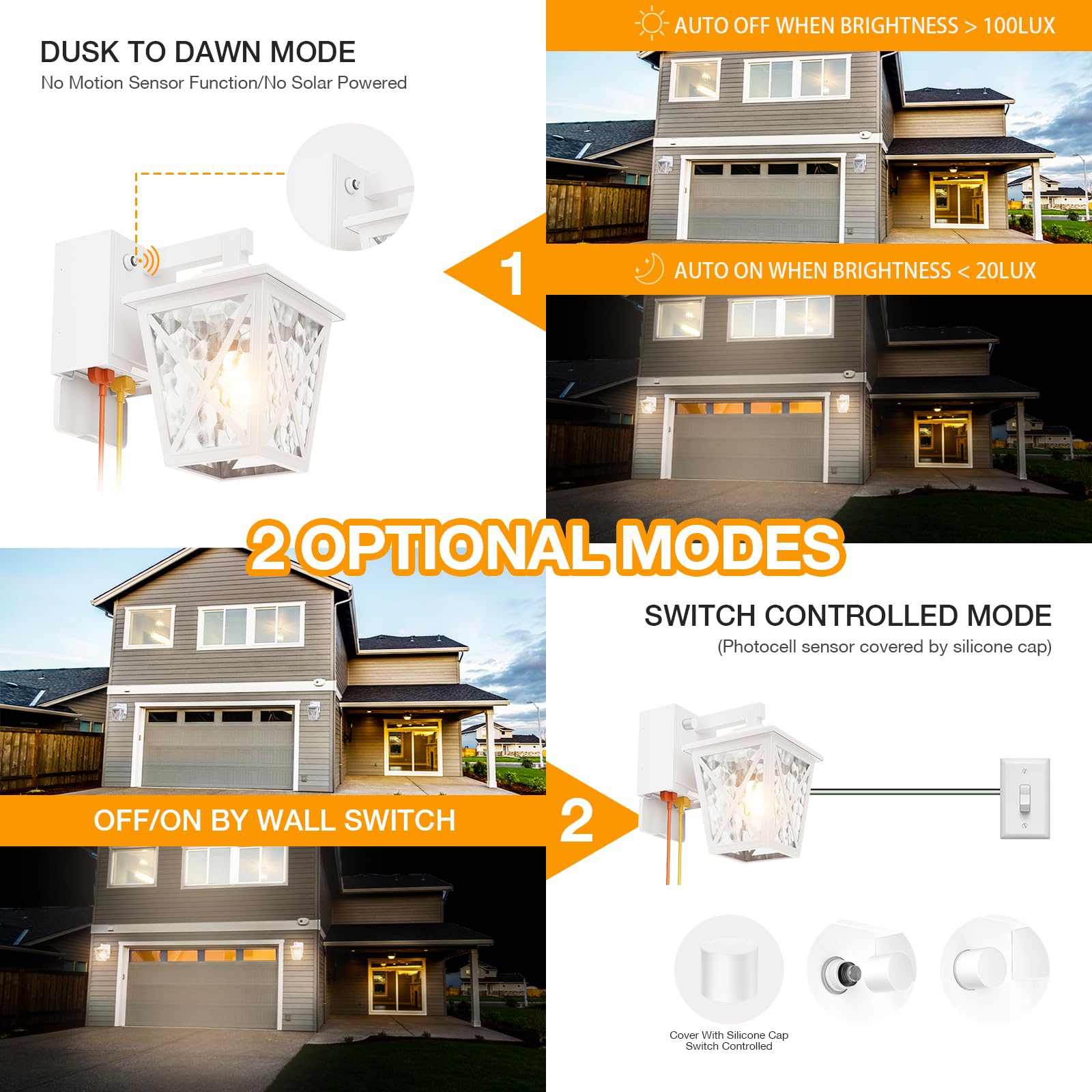 Ehaho Outdoor Porch Light with GFCI Outlet, Waterproof Aluminum Wall Sconce, Dusk to Dawn, 1-PC, White, Model BD03W