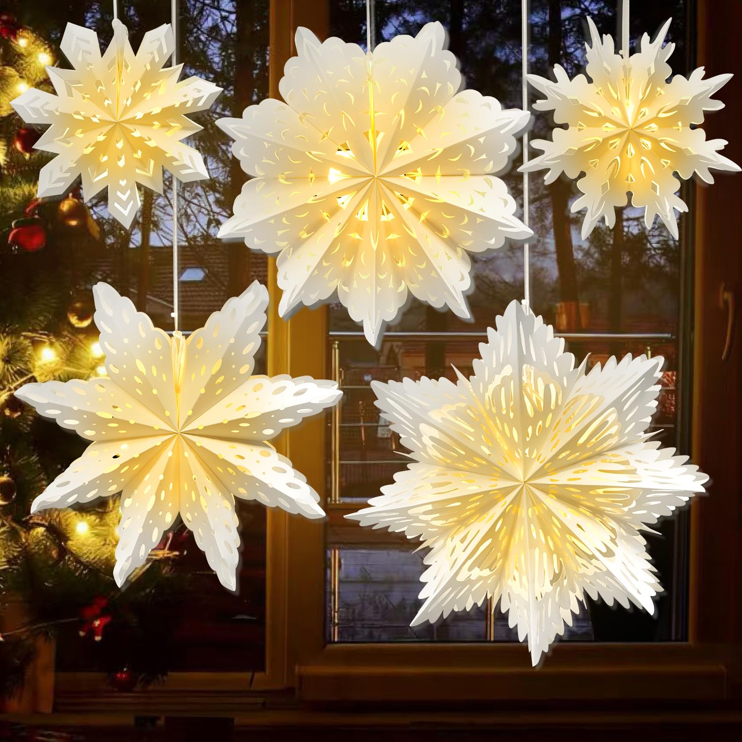 5 Pack Paper Snowflake Lanterns, Christmas Paper Star Lantern with Lights, 13/17 Inch 3D Hanging Lantern Lamp for Xmas Tree New 
