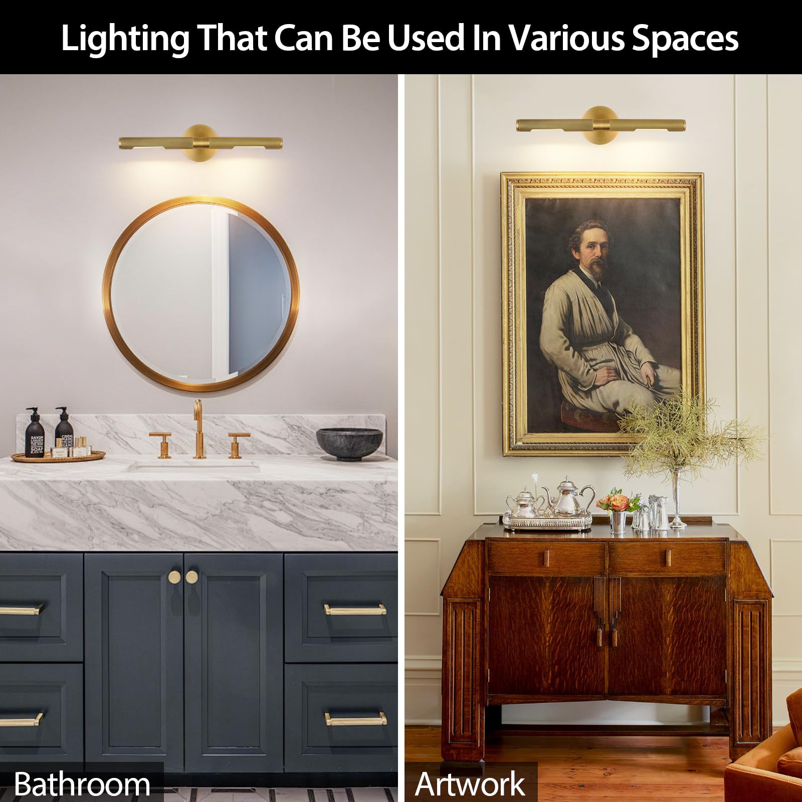 Knurldon Hardwired Picture Light, 19'' Knurled Brass Wall Sconces, Rotatable 360 Picture Lights For Wall, Wall Art Gold Sconces