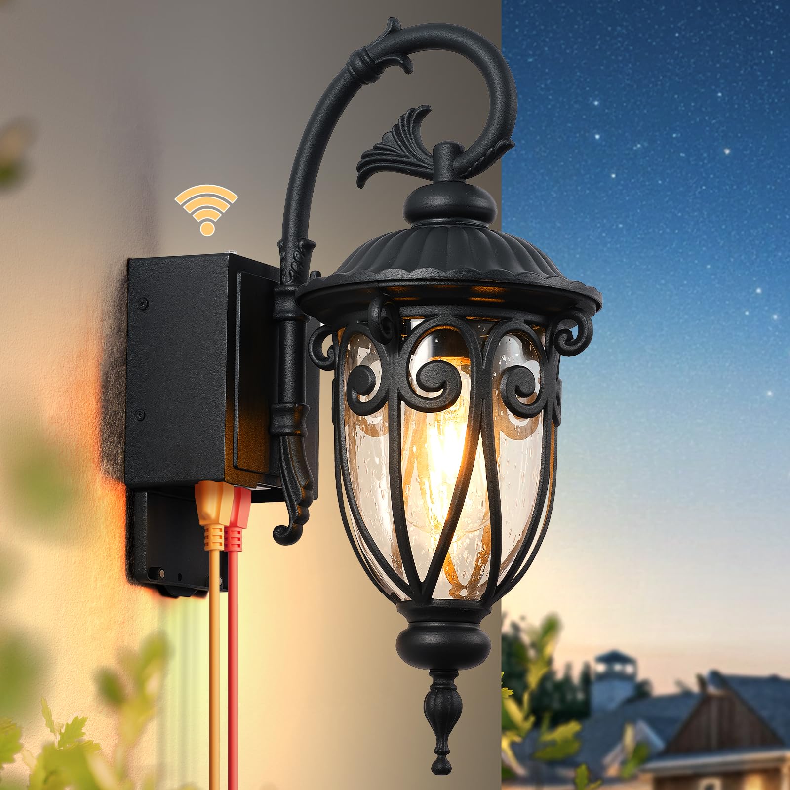 OPAXIS 18.6 H Porch Lights with Outlet  Dusk to Dawn Outdoor Light with GFCI Outlet  Waterproof Outside Lights for House  Black Outdoor Wall Lights Wall Mount for Front Door Garage Backyard  E26 Base