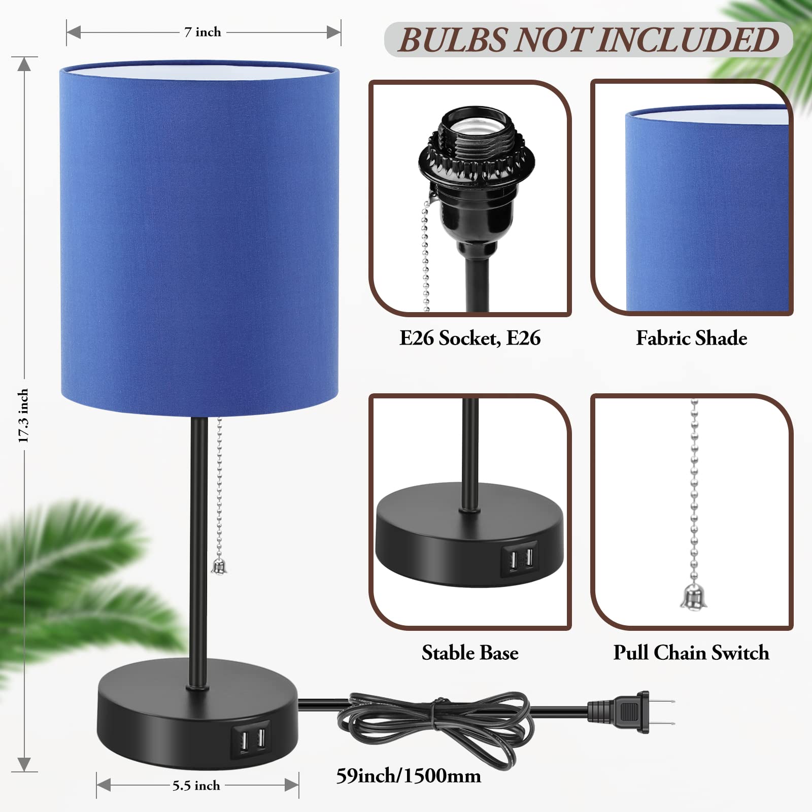 Table Lamps Set Of 2 With Usb Charging Ports, Blue Bedside Lamps With Ac Outlet, Nightstand Lamps With Pull Chain Switch, Minima