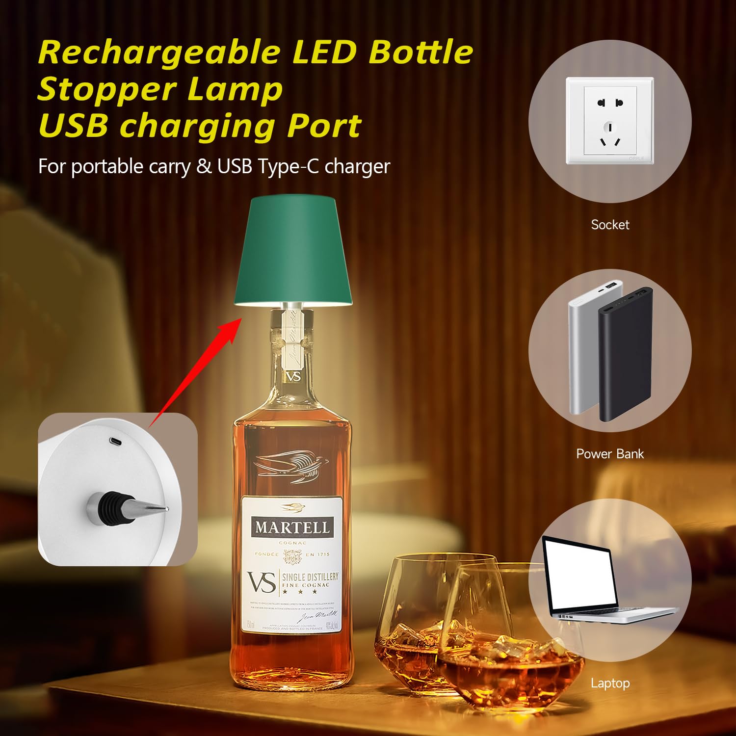Hoide Wireless Bottle Lamp - LED Touch-Dimmable Night Light Kit, 5.7in, Dark Green, Plastic