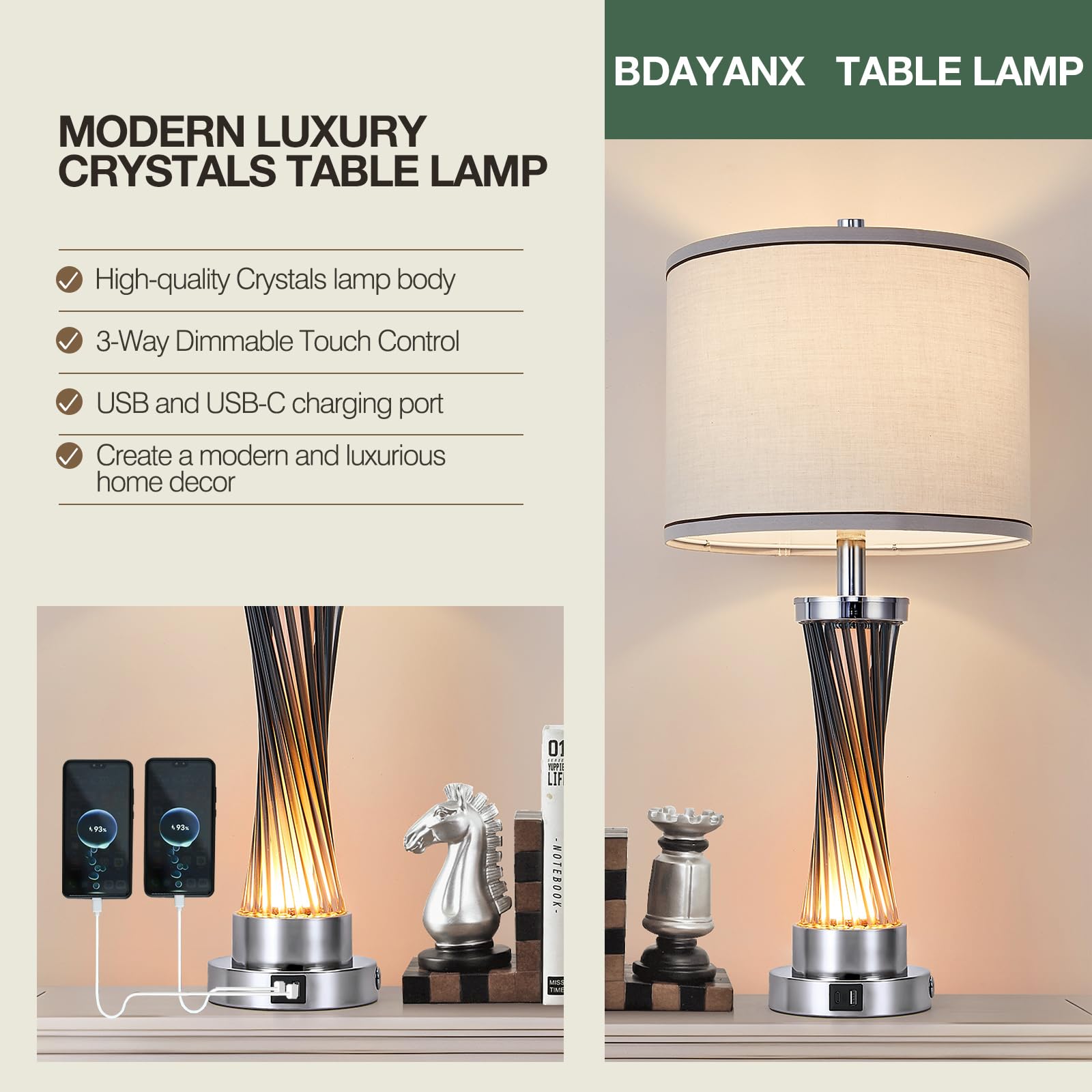 3-Way Dimmable Table Lamp Set Of 2,Touch Control Lamp With Night Light,Modern Blue Crystal Table Lamps For Bedroom,Living Room,B
