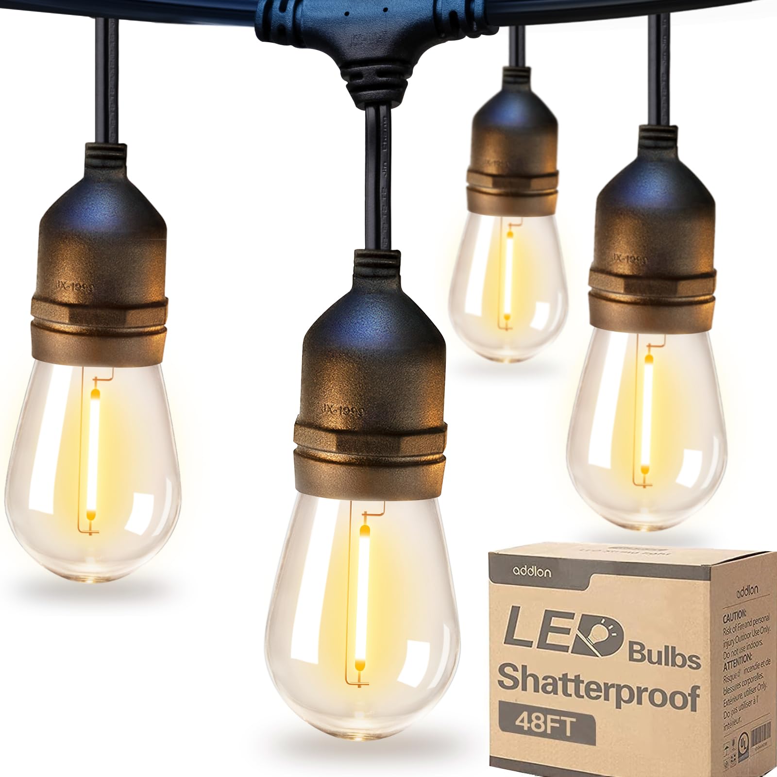 addlon LED Outdoor String Lights, 48FT, Black, Shatterproof Bulbs, Weatherproof, ETL Listed
