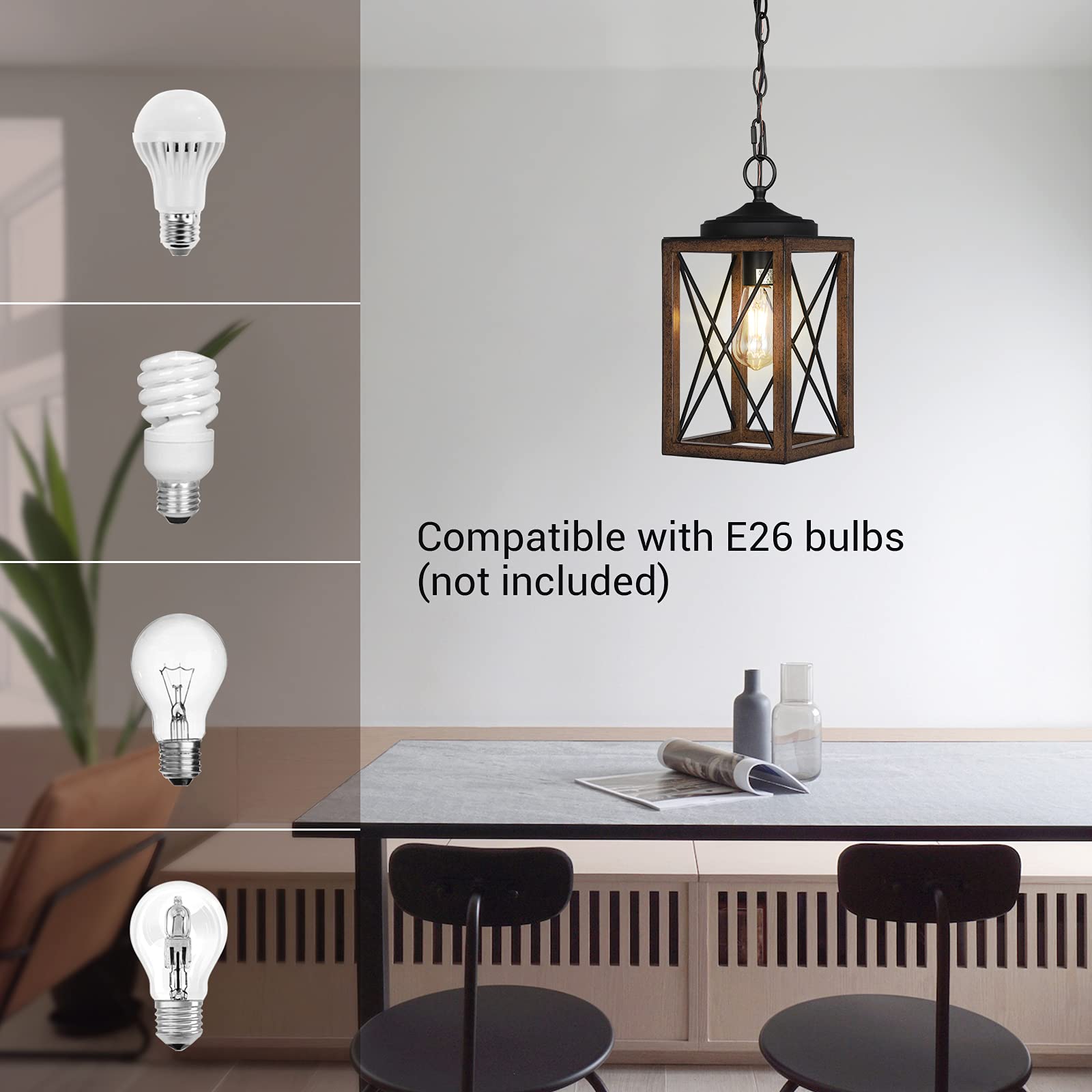 EDISHINE Farmhouse Pendant Light, Metal Hanging Light Fixture with Wooden Grain Finish, 63 Inch Adjustable Chain for Flat and Sl