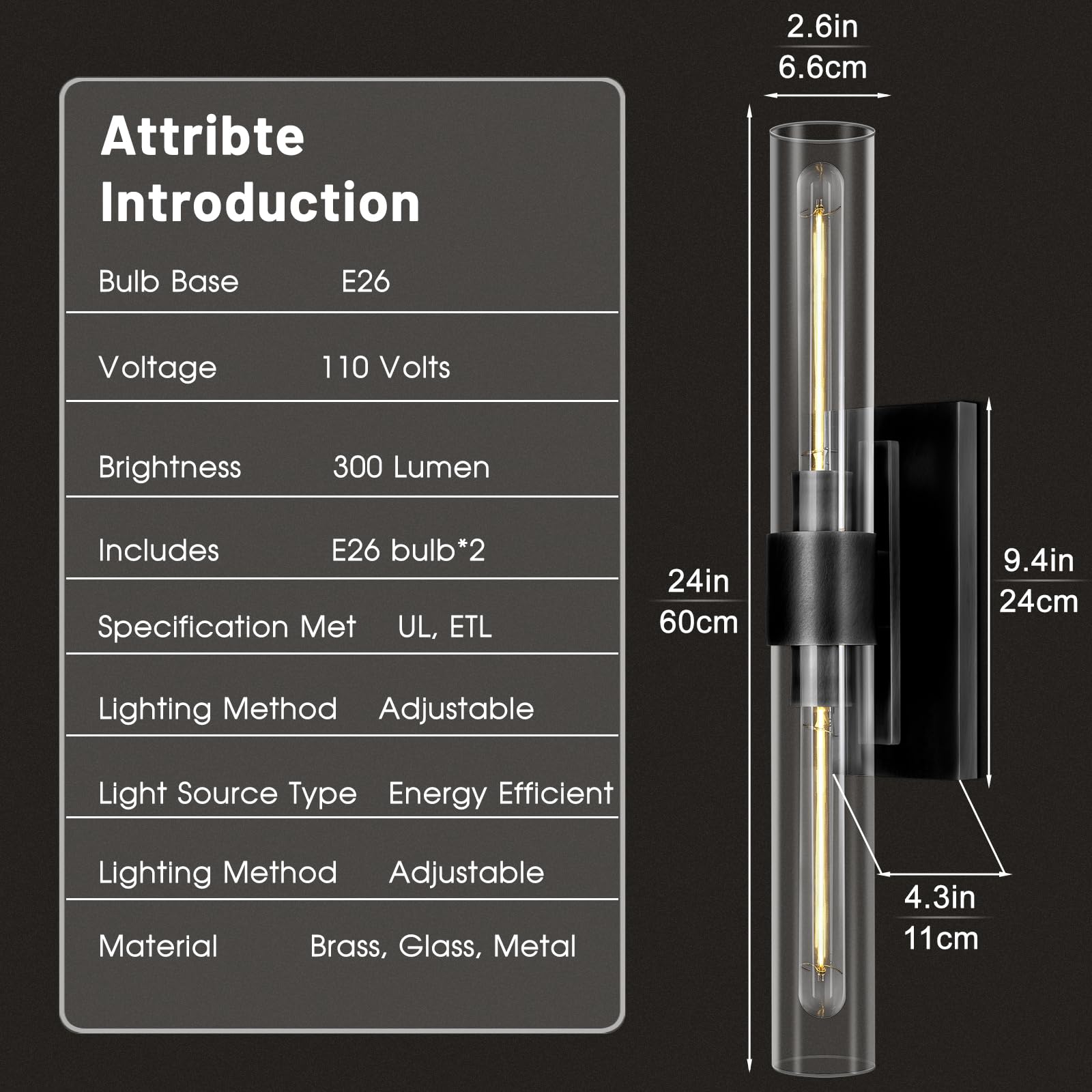 ZHTIECHUI 2-Light Vertical Linear Bathroom Vanity Light, 24in Black Brass Sconce, E26 Bulb Included, Model BDBL5578