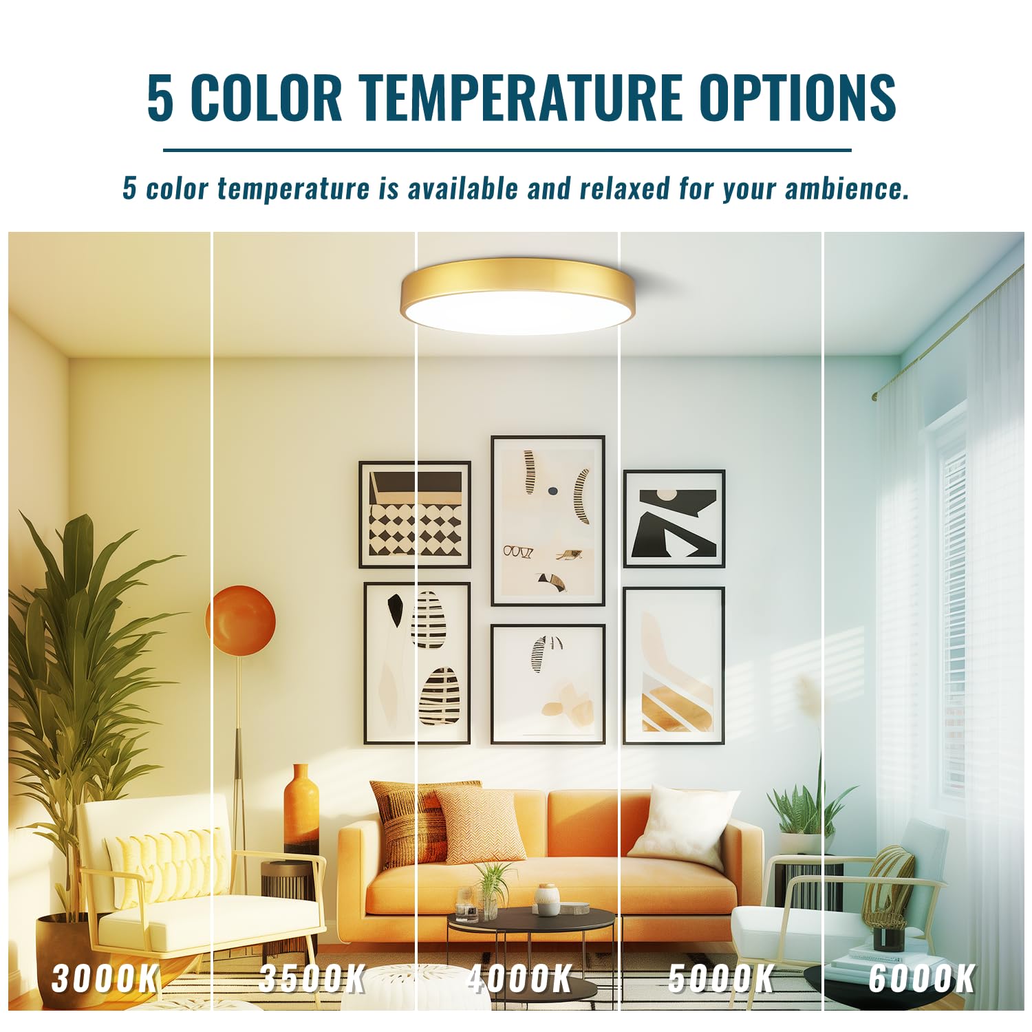 Wheatronic Gold LED Ceiling Light Fixture, 15 Inch, 36W, Dimmable, Modern Design for Kitchen, Bedroom, Bathroom, Living Room