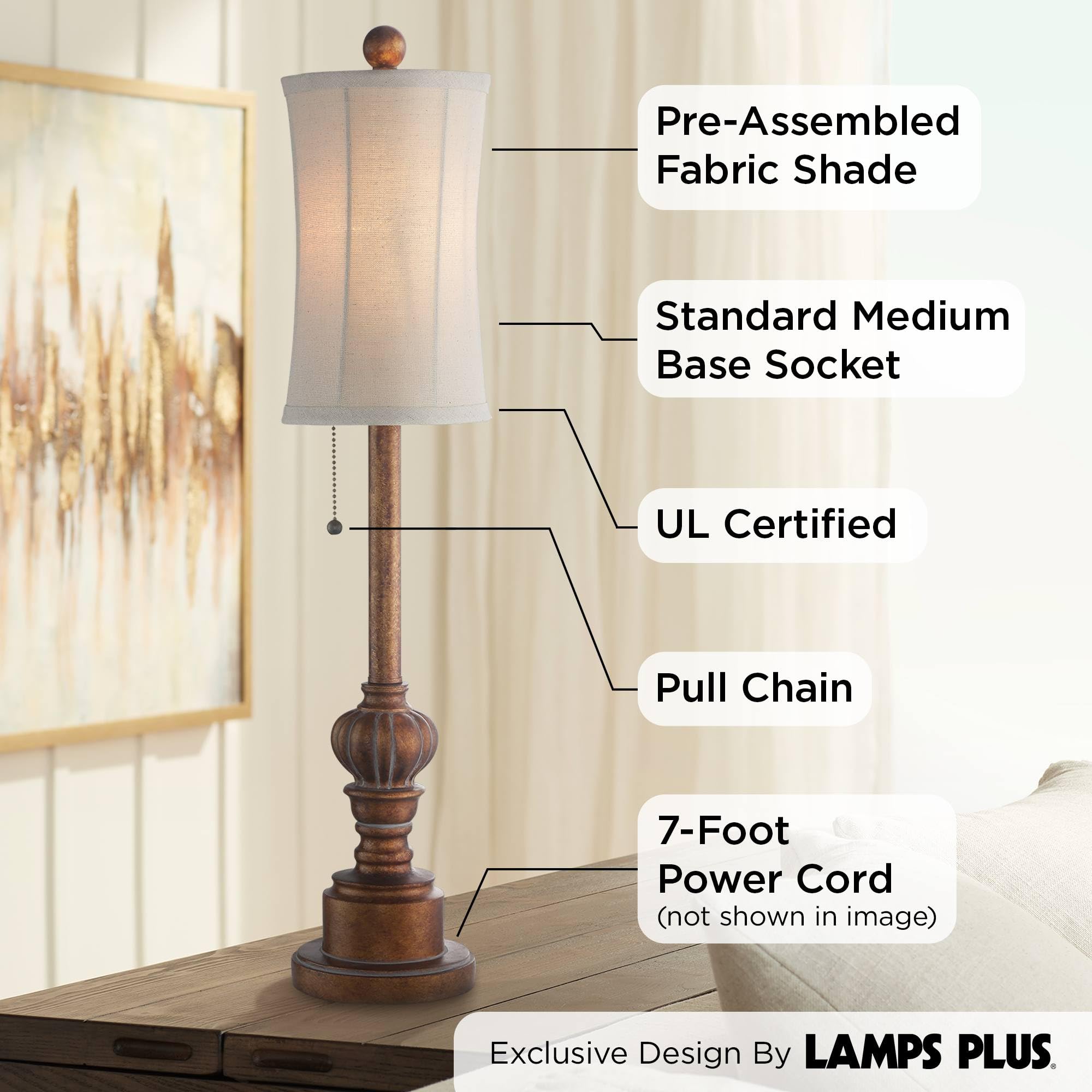 Regency Hill Buffet Table Lamps Set of 2, 28in Tall, Dark Brown Wood Tone with Fabric Drum Shades