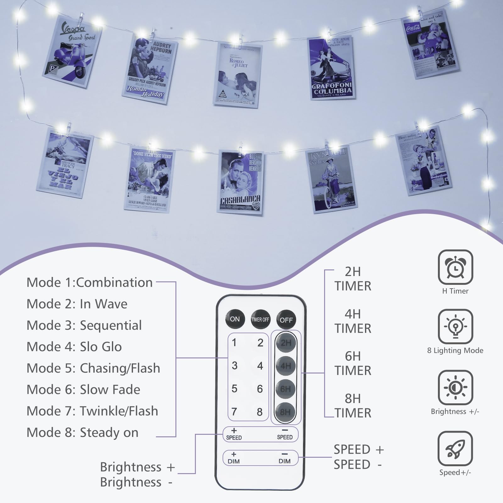 Bryubr 120 Led Photo Clips String Light With 52 Clear Picture Clips, 40Ft Fairy Lights With Remote, Timer & 8 Modes Usb Powered Copper Wire Lights For Bedroom, Dorm, Christmas, Party White