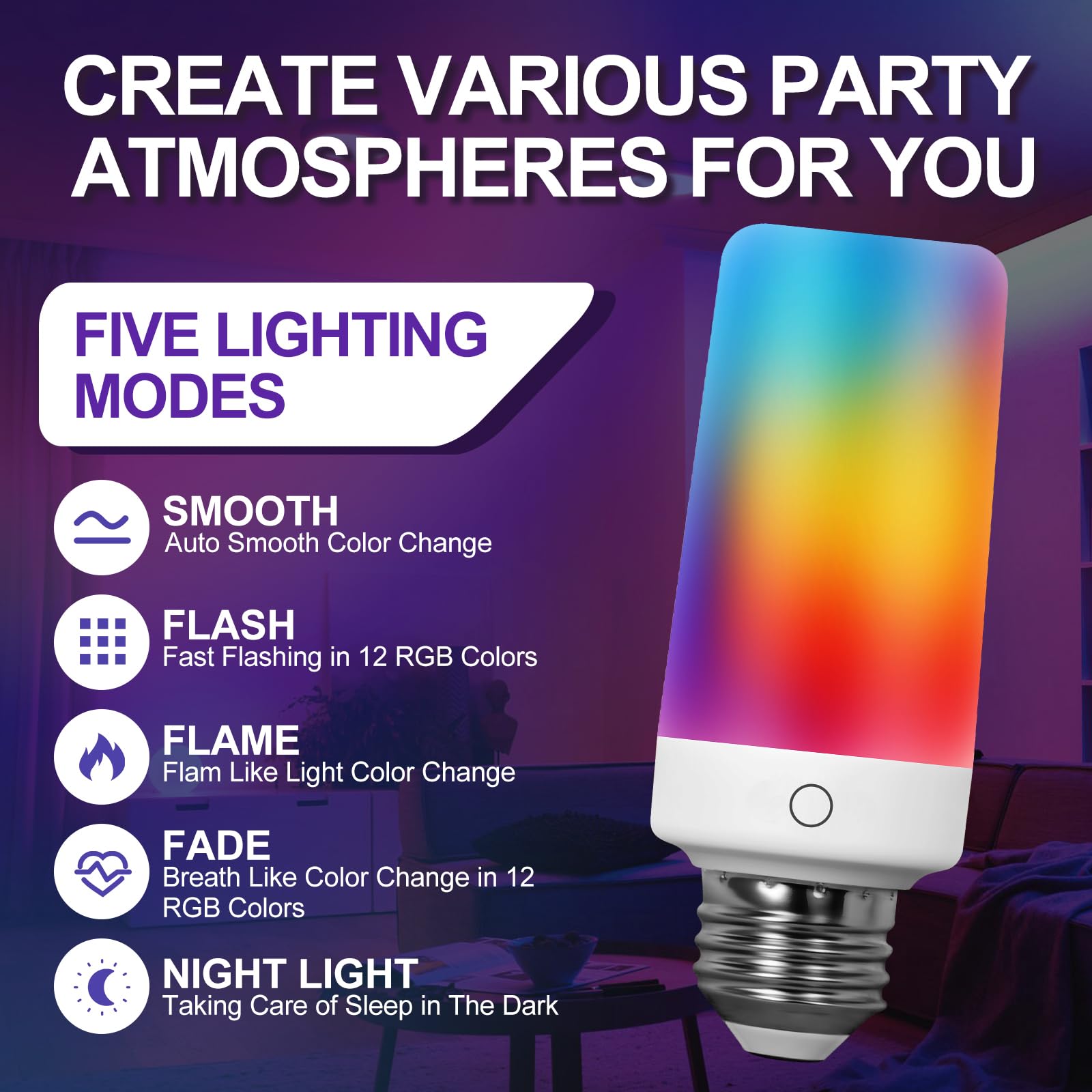 BWKVH 2PK Rechargeable Light Bulbs with Remote, Timer, 3 Color Temps, 12 RGB Colors, Battery Operated, Plastic, 2 Packs